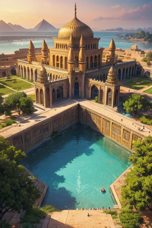 Egyptian palace with Egyptian decorations with towers and forests along with lakes