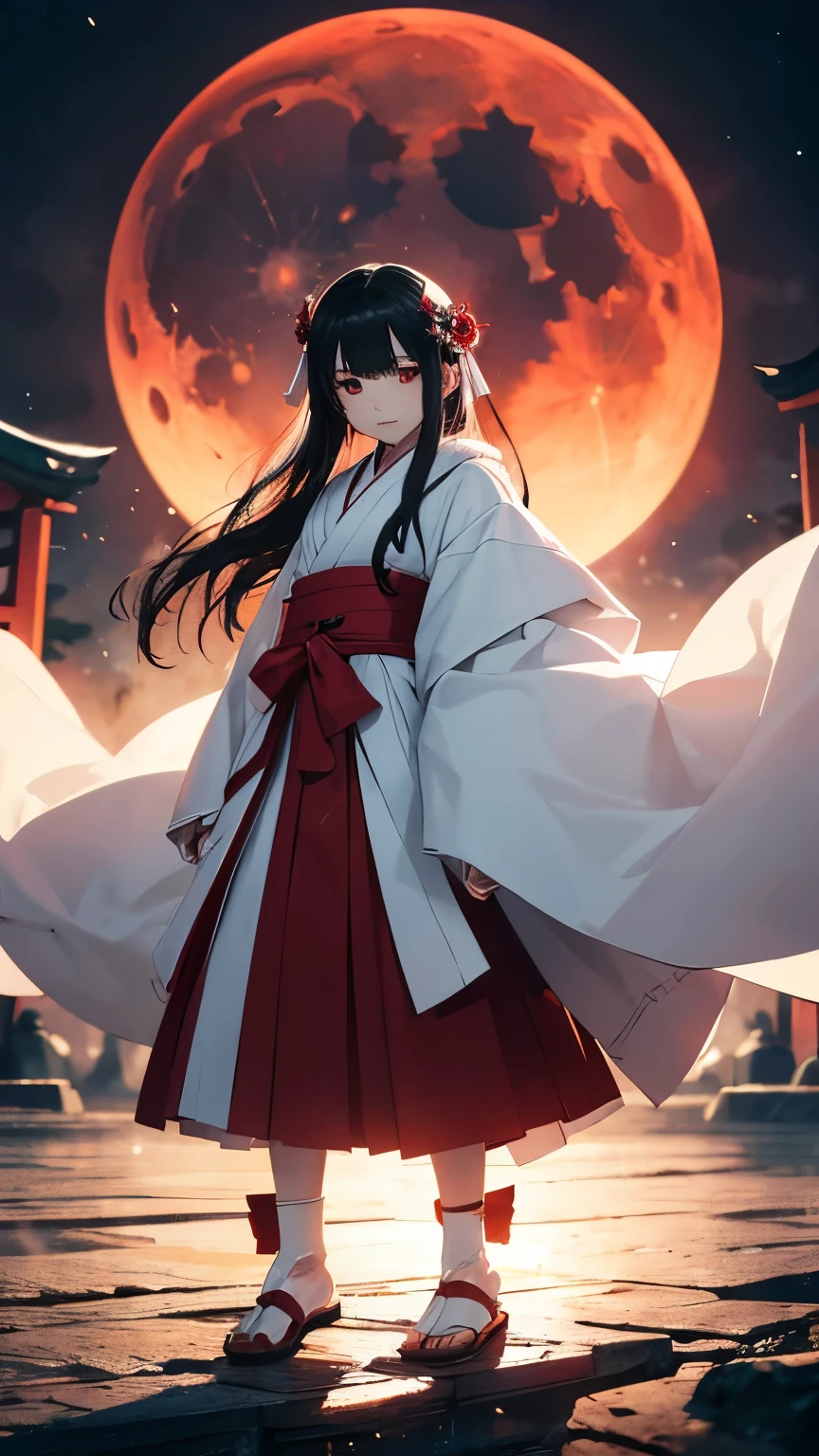 Japanese shrine maiden, girl, shrine, mysterious, human, shrine maiden clothes, short and slender person, standing, white skin, white skin, long black hair, red eyes, crazy smile, beautiful face, night, Beautiful face, white and red clothes, beautiful limbs, tamagushi, white jacket, sleeves, white gloves, traditional clothes, red skirt, black moon, red moon, looking at the viewer, intimidating gaze, (full body:1.2), drawing style, dynamic light, ultra detail, extremely detailed CG, micro intricate, highly detailed skin, highly detailed face, highly detailed pupils, highly detailed iris, RAW photo, best quality, high resolution, ((masterpiece)), realistic, sharp focus, HDR, 8K resolution, intricate detail, sophisticated detail, hyper detailed, (depth of field), highlight and shadow, volumetric lighting, highly detailed background, by Kentaro Miura:1.1, comicbookpencils:0.9, greyscale(line art:1.1)