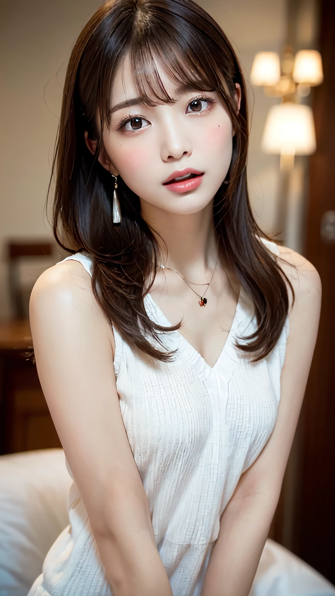 1 female, close up of face, Medium chest, light brown hair, dull bangs, hair behind the ear, shoulder hair, slender body shape, Extra-fine face, thin face, delicate lips, beautiful eyes, light blush, eyes are light brown, perfect shiny skin, perfect skin, Shining sweat,take a look here, ultra thin hands, A simple necklace around the neck,    extra thin fingers, Optimal ratio of 4 fingers and 1 thumb, (realistic:1.3), finger extension, see-through white blouse, The rotor is inside the vagina, ecstasy face, climax expression, View viewer, ((I can not stand it:1.5)), fujifilm, f/1.2, 8K, table top, nffsw, Super detailed, high quality, 最high quality, High resolution,