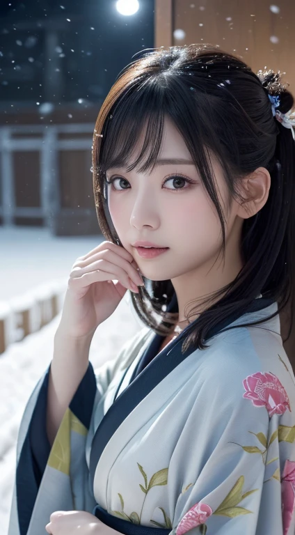 (Kimono)、(top-quality,​masterpiece:1.3,超A high resolution,),(ultra-detailliert,Caustics),(Photorealsitic:1.4,RAW shooting,)Ultra-realistic capture,A highly detailed,high-definition16Kfor human skin、 Skin texture is natural、、The skin looks healthy with an even tone、 Use natural light and color,One Woman,japanes,,kawaii,A dark-haired,Middle hair,(depth of fields、chromatic abberation、、Wide range of lighting、Natural Shading、)、(Exterior light at night:1.4)、(Falling snow:1.2)、(Hair swaying in the wind:1)、(Light reflecting snow:1.3)