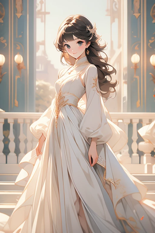 highest quality、Ultra-precision painting、Woman with long hair、Cute Smile、Beautiful Face、Bobcut、White costume、Standing posture、Background is white、