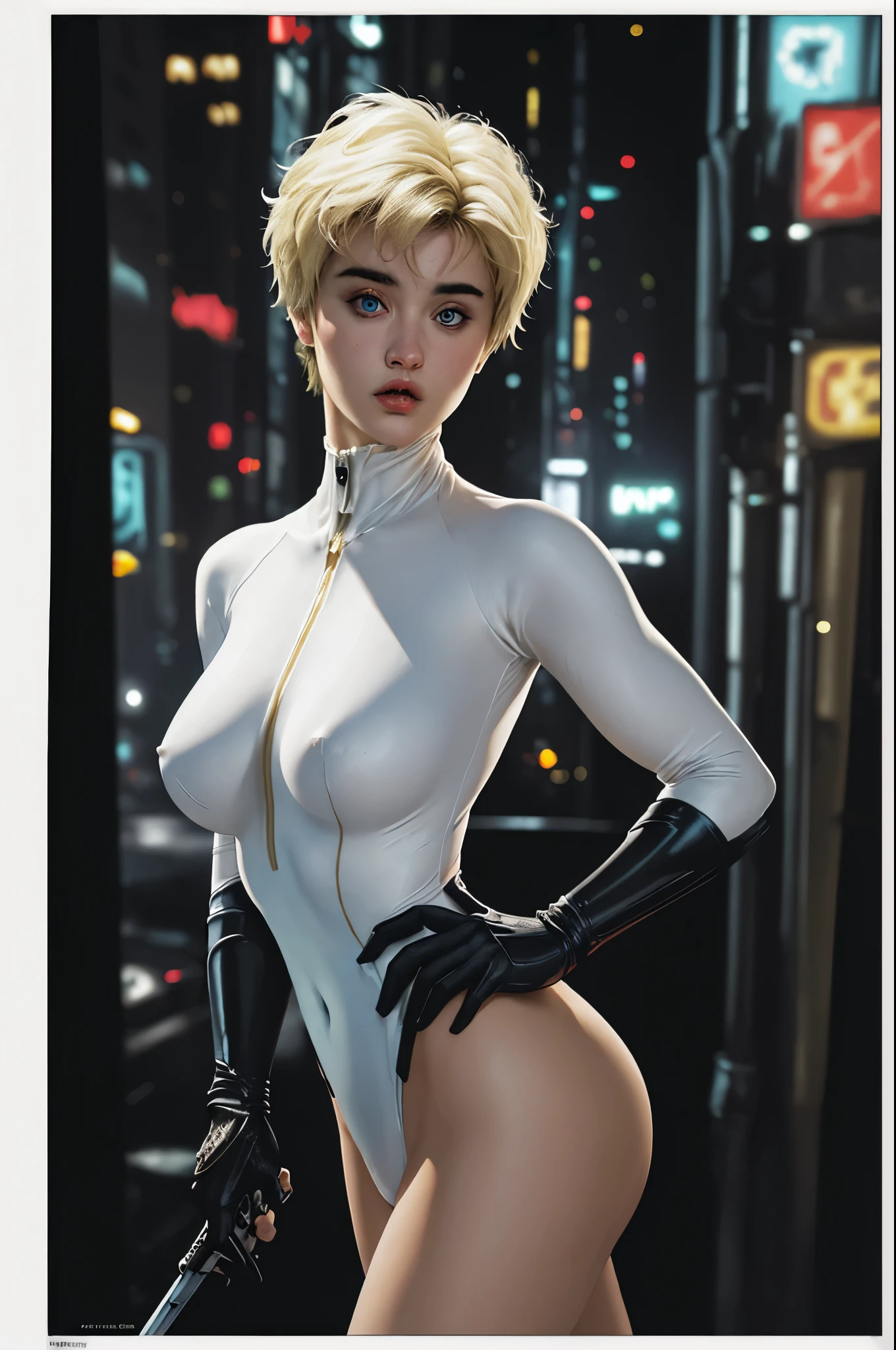 Stefania Ferrario, cyberpunk, seductive blue eyes, parted lips, perfect body, curvy, blonde hair, nsfw, in comic book panel, bold lineart illustration comic, in the style of Adam Hughes, (extremely detailed, masterpiece, best quality, 8 K ), (((best quality))), (((masterpiece))), (((adult)))best quality, masterpiece, big ass, Big tits, wearing a sexy and modern white swinsuit armor \(estilo\), olhando para o espectador, Poster \(estilo\), corpo inteiro, (melhor qualidade, obra de arte), Blade Runner, In the top of building, big city night background