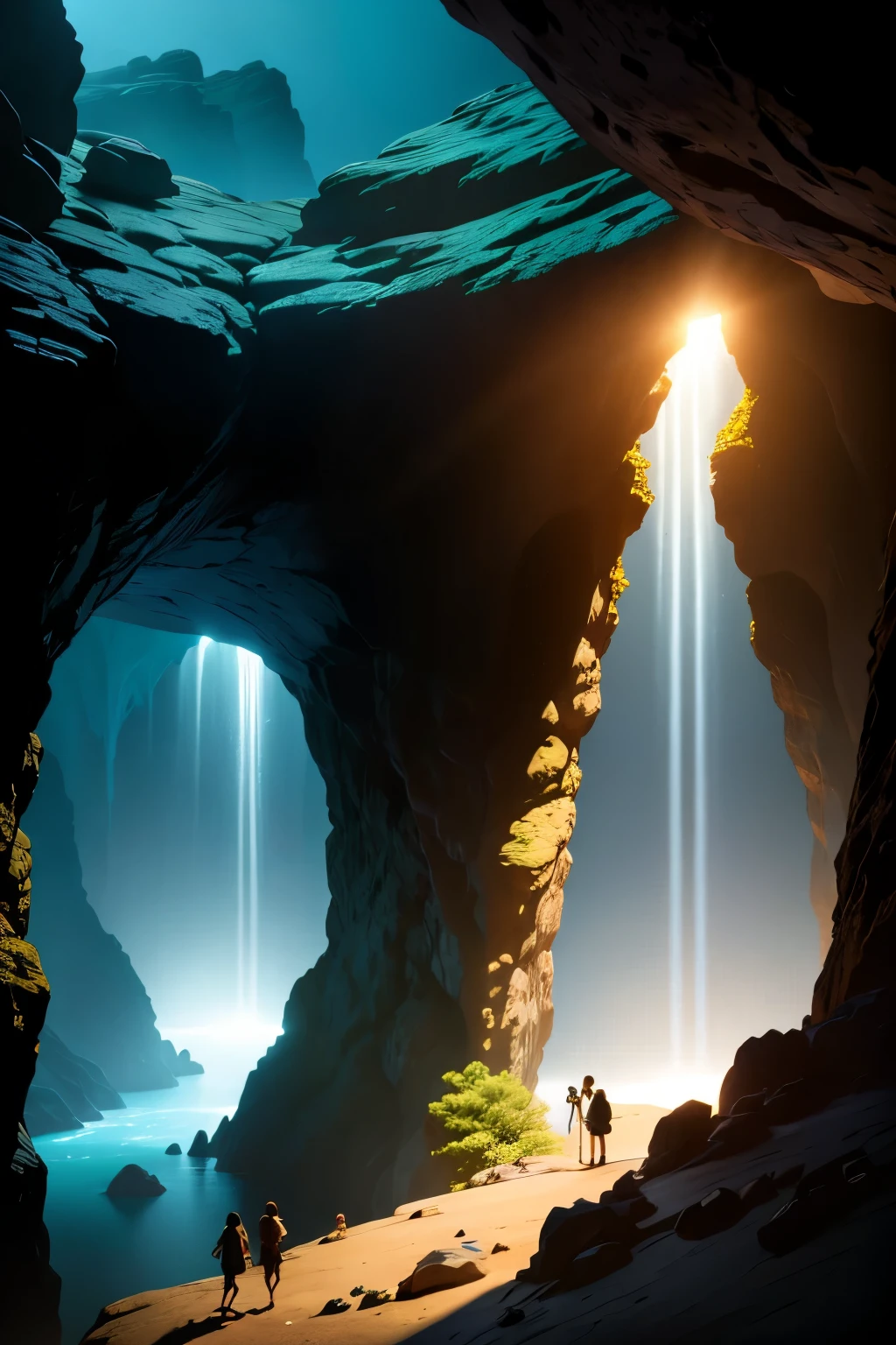 Highly detailed, an ancient cave, two girls explore the cave, they have flashlights in their hands, shadows on the rock walls, mysterious environment, stalactites, stalagmites