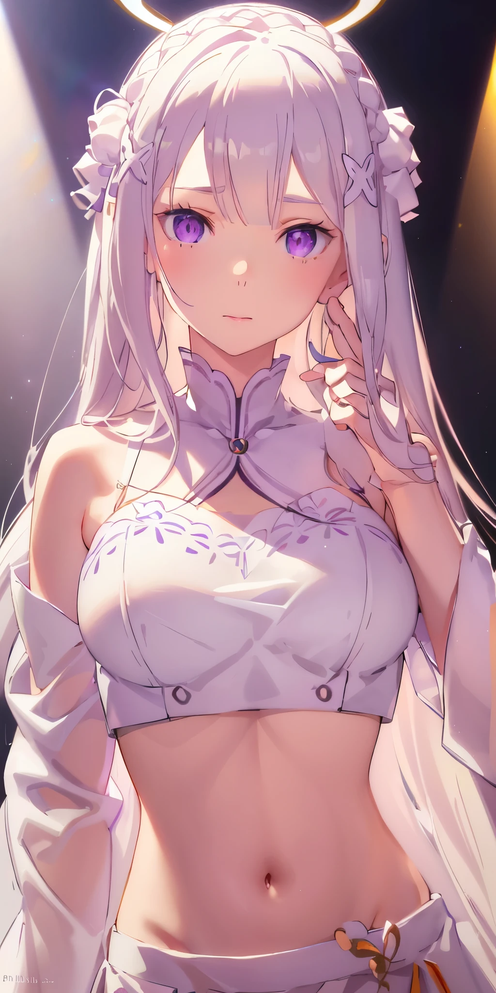 Emilia re:zero, purple eyes, Emilia, crown braid, x hair ornament, flower hair ornament, white hair, long hair, medium breasts, highres, highest quallity, illustration, cinematic light, ultra detailed, detailed face, (detailed eyes), best quality, hyper detailed, masterpiece, (detailed face), white hair, purple eyes, highest details, luminous eyes, medium breats, black halo, white clothes, backlighting, (midriff:1.4), light rays, (high contrast), (colorful),