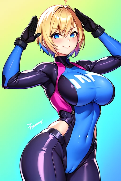 1girl, large breasts, thick thighs, toned, teenage, toned female, blue eyes, blue bodysuit, bodysuit, futurustic, science-fiction, neon trim, neon, neon lights, blonde hair, very short hair, pixie cut, tomboy, salute, standing, smile, smirk, smug, cameltoe, pilot suit, tomboy, ((standing))