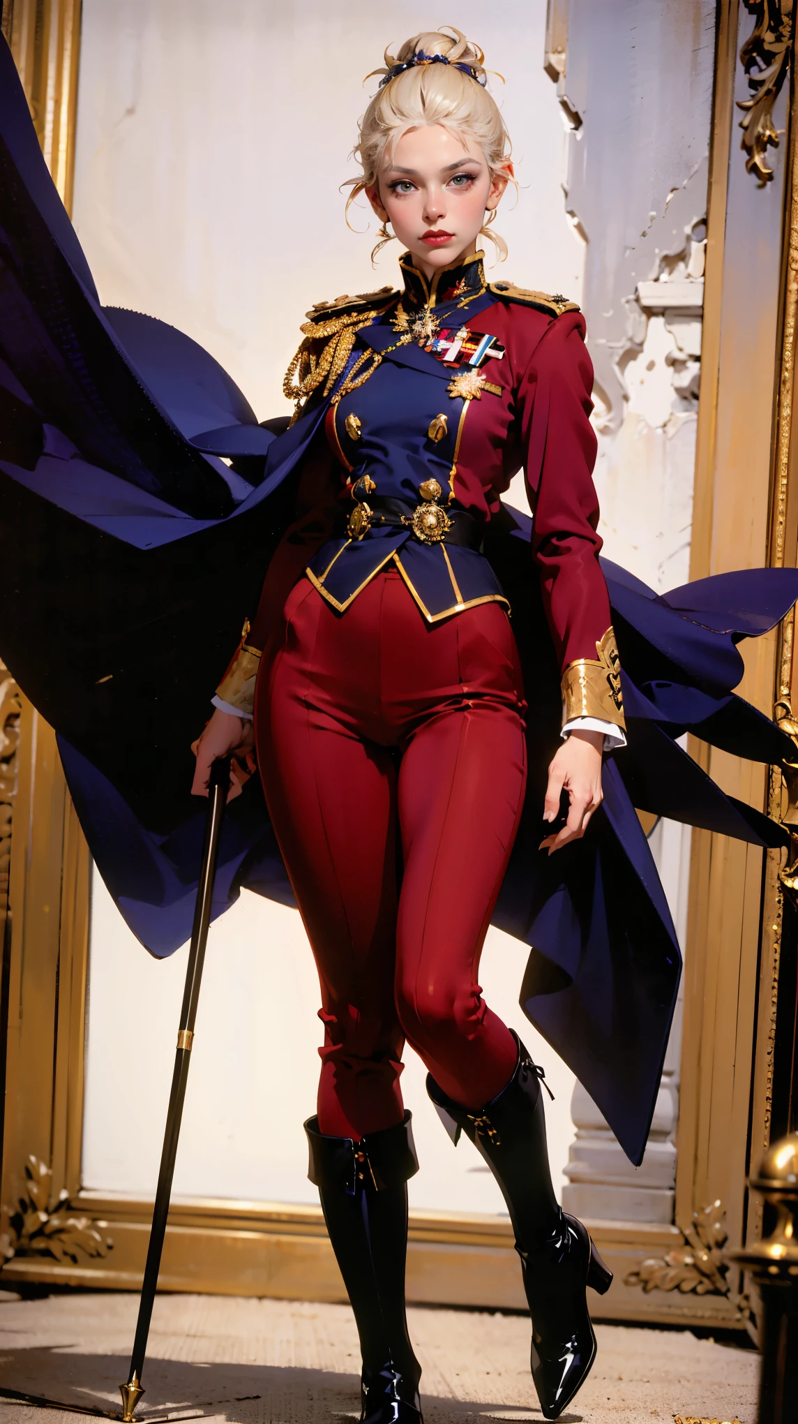 (Best quality, 4K, high resolution, masterpiece, ultra-detailed, realistic anatomy, photo-realistic:1.37), alluring young woman, princess, high-ranking military officer, (wearing Prussian style regal uniform), (dark purple double-breasted jacket adorned with medals), (matching breeches), (matching shoulder cape), Prussian field marshal cap, black stocking, long heel boots, platinum blonde hair, elegantly styled in a chignon bun, standing elegantly while holding the Field Marshal's baton, This full-body portrait captures her ethereal beauty presence and power, with sharp focus on her uniform's intricate details, her numerous medals, and her intense gaze, The image evokes an aura of experience, discipline, and supreme authority, set against an impressive military base backdrop,