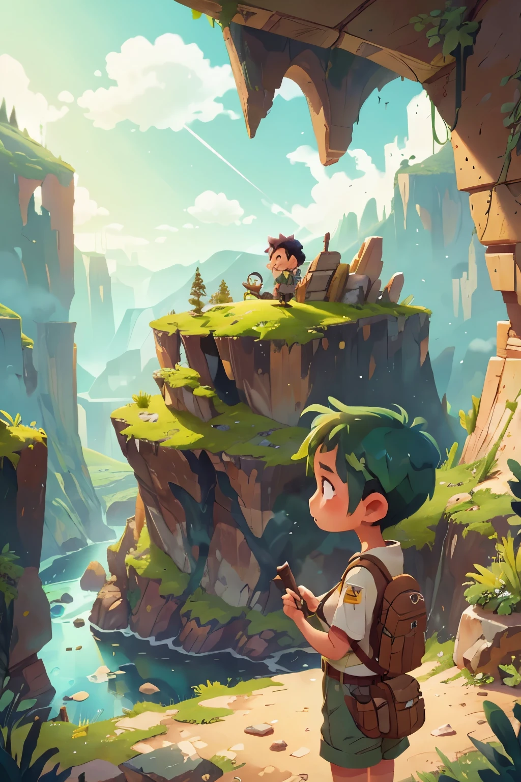 Canyon Ruins Taiju Pickaxe Explorer Explorer's Clothes Hair Green Adult Woman Short Hair Ruins Big Lake Absurdity Big Sky Expansive Nature