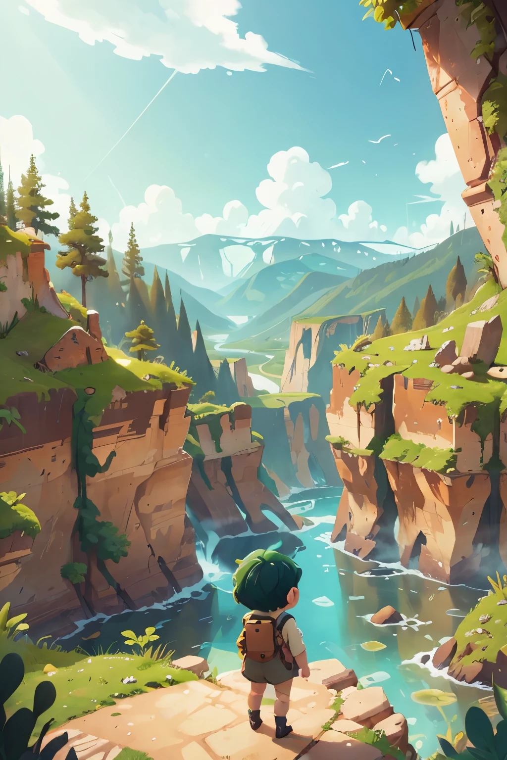 Canyon Ruins Taiju Pickaxe Explorer Explorer's Clothes Hair Green Adult Woman Short Hair Ruins Big Lake Absurdity Big Sky Expansive Nature