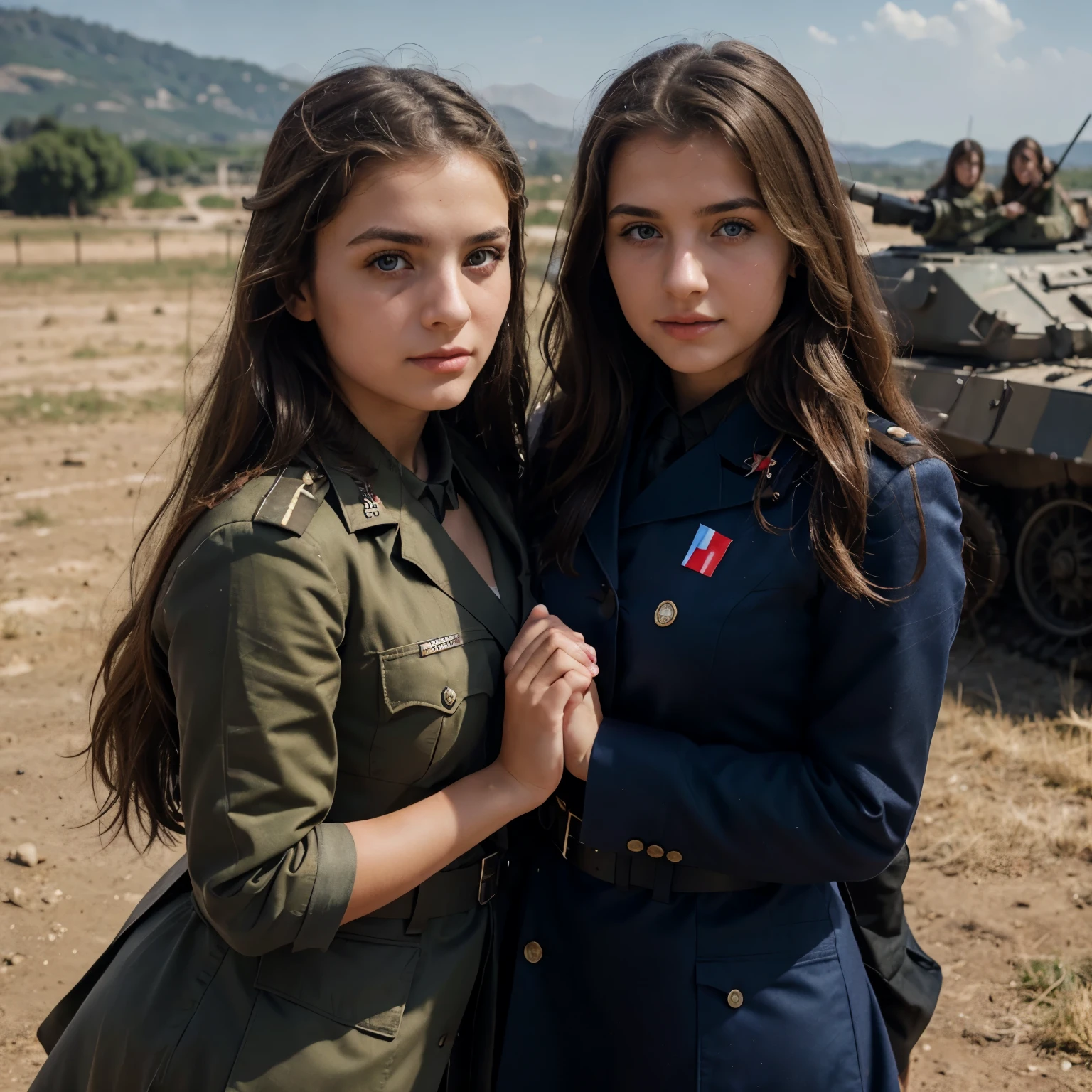 Albanian girl, brown long wavy hair, blue eye, with best friend, girls in second world war military uniform, on the battlefield, perfect body shot, perfect uniform, perfect hands, perfect panoramic view, Canon 1DX