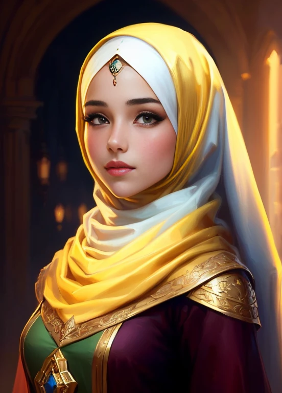 a close up of a young girl wearing a hijab and a gold head scarf, arab princess, beautiful character painting, inspired by Altoon Sultan, princess portrait, portrait painting of a princess, high quality portrait, character art portrait, adorable digital painting, detailed character portrait, fantasy concept art portrait, fantasy characture portrait, artwork in the style of guweiz
