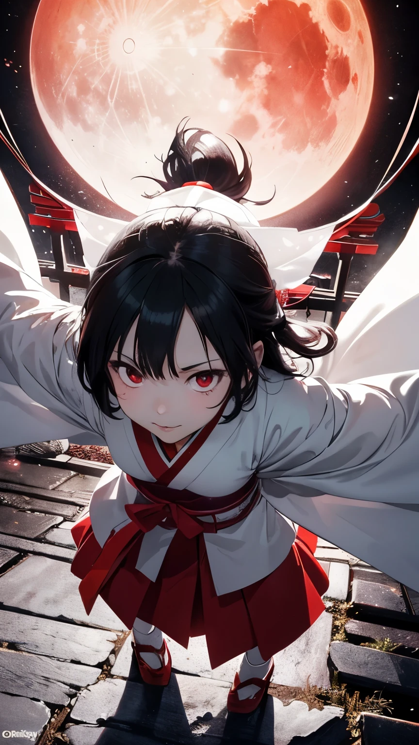 Japanese shrine maiden, girl, shrine, mysterious, human, shrine maiden clothes, short and slender person, standing, white skin, white skin, long black hair, red eyes, crazy smile, beautiful face, night, Beautiful face, white and red clothes, beautiful limbs, tamagushi, white jacket, sleeves, white gloves, traditional clothes, red skirt, black moon, red moon, looking at the viewer, intimidating gaze, (from above:1.2), drawing style, dynamic light, ultra detail, extremely detailed CG, micro intricate, highly detailed skin, highly detailed face, highly detailed pupils, highly detailed iris, RAW photo, best quality, high resolution, ((masterpiece)), realistic, sharp focus, HDR, 8K resolution, intricate detail, sophisticated detail, hyper detailed, (depth of field), highlight and shadow, volumetric lighting, highly detailed background, by Kentaro Miura:1.1, comicbookpencils:0.9, greyscale(line art:1.1)