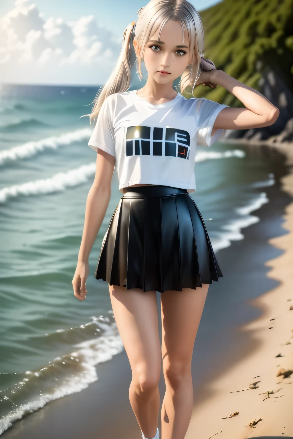 ((masterpiece)), ((best quality)), ((highres)), ((extremely detailed CG unity 8k wallpaper)), solo, tachibana kanade, tan , black skirt, white socks, outdoors, face, beach, hanging hair, parted hair, silver hair