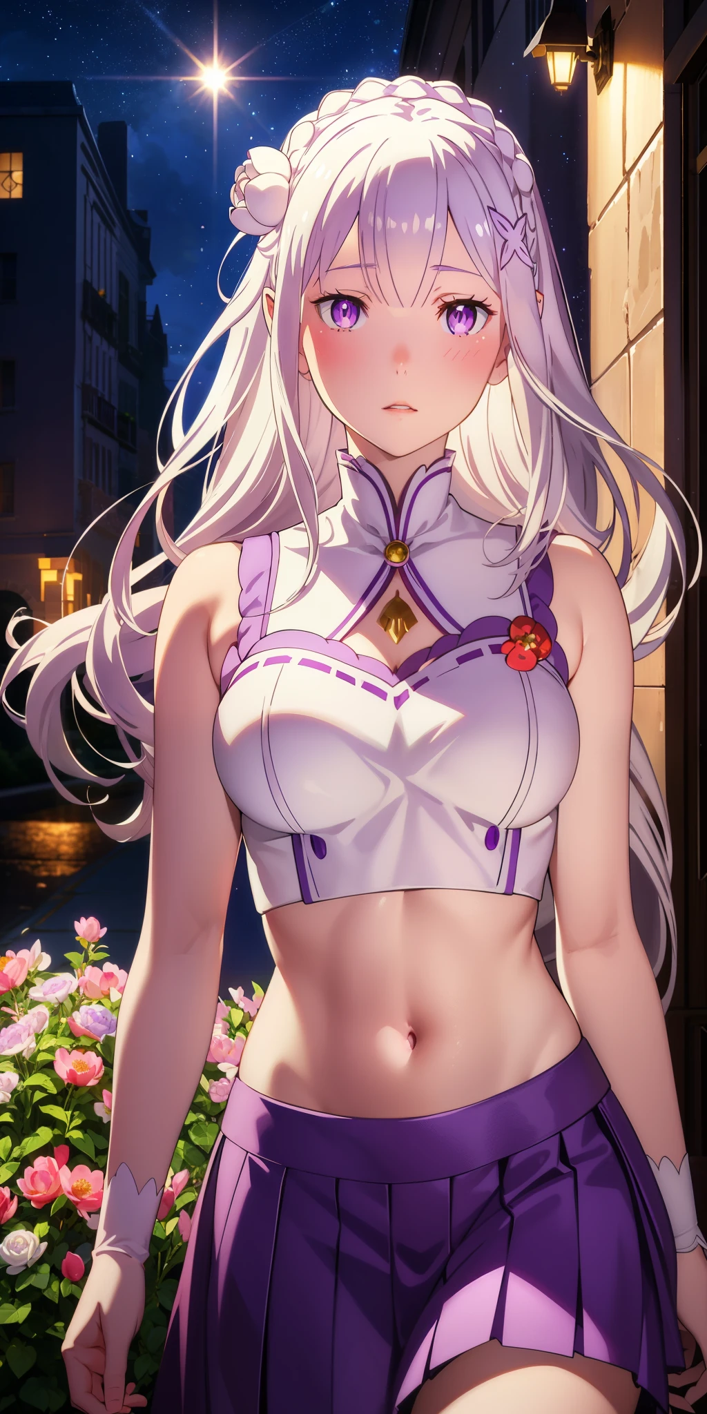 Emilia re:zero, purple eyes, Emilia, crown braid, x hair ornament, flower hair ornament, white hair, long hair, medium breasts, realistic, 1girl, white hair, purple eyes, glowing eyes, crop top, skirt, parted lips, blush, night, flowers, sun, sunlight,