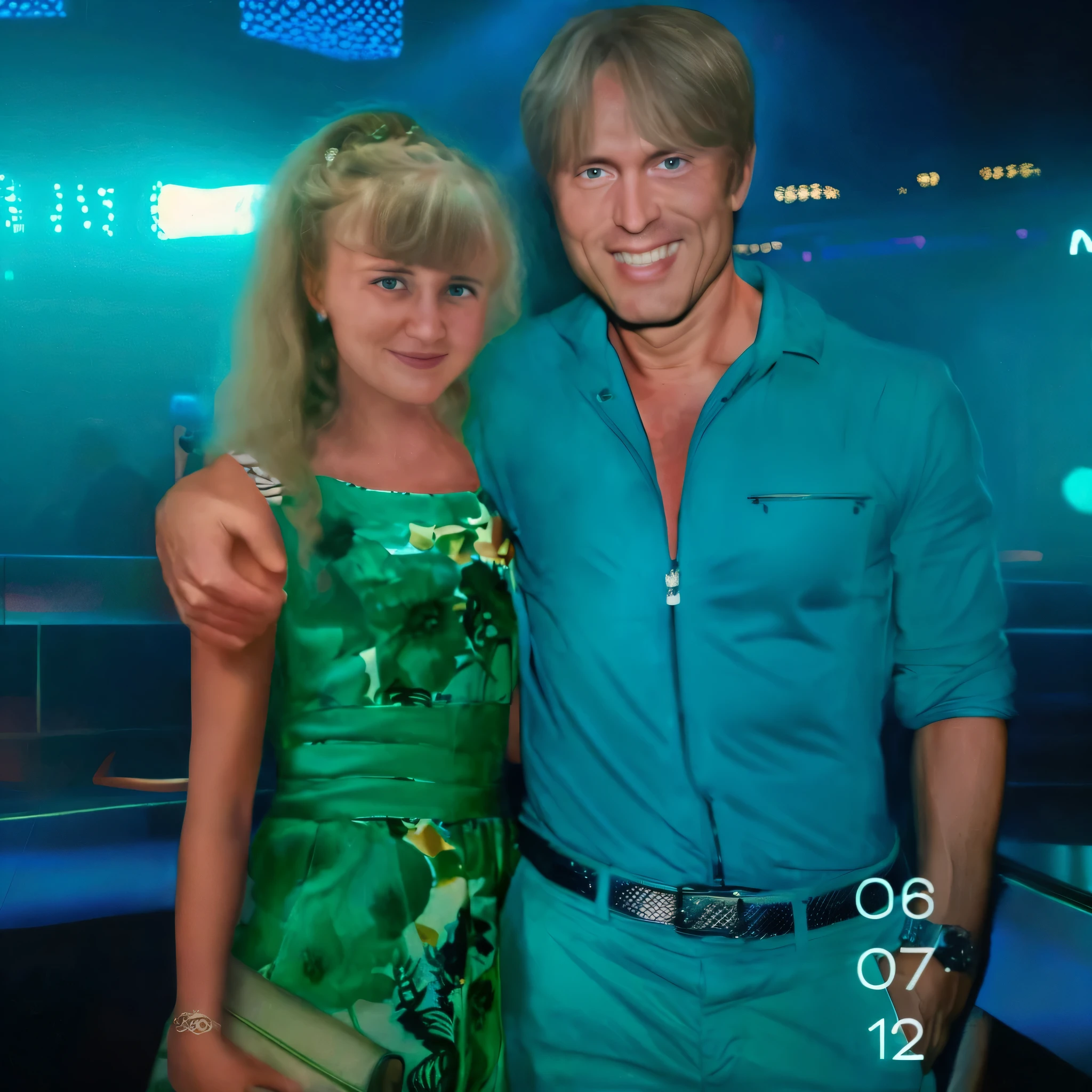 A blonde woman in a green dress stands next to a man in a blue shirt, Anton Fadeev 8k, Dasha Taran, Alexey Gurylev, Waxwork, Barabas Miklos and Hollosy Simon, danila tkachenko, Still from a neon 80s movie, film &quot;Needle&quot;, Alexander Abdulov, irina nordsol kuzmina