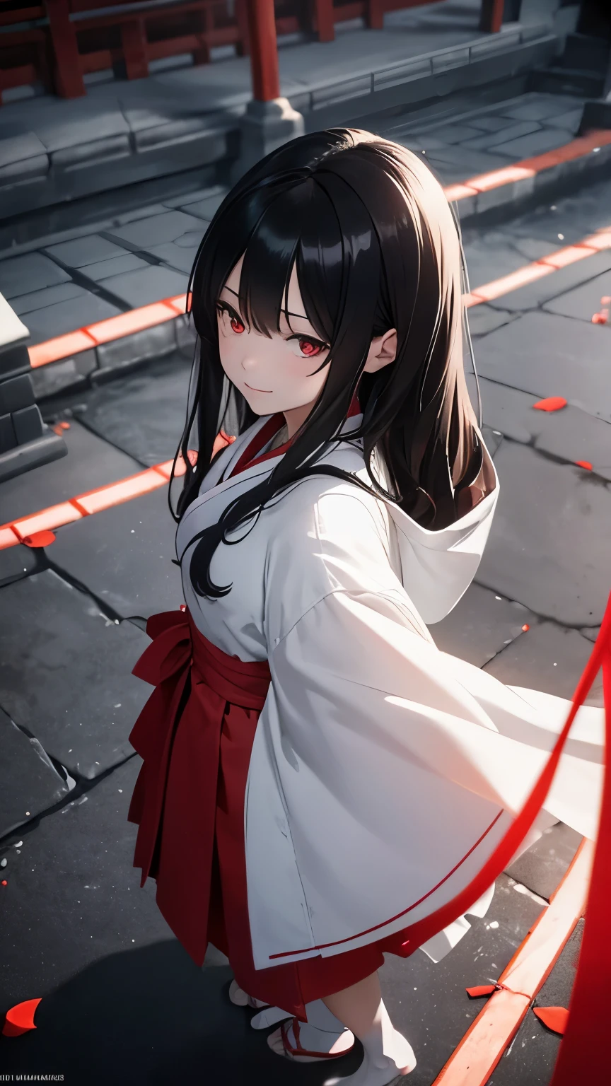 Japanese shrine maiden, girl, shrine, mysterious, human, shrine maiden clothes, short and slender person, standing, white skin, white skin, long black hair, red eyes, crazy smile, beautiful face, night, Beautiful face, white and red clothes, beautiful limbs, tamagushi, white jacket, sleeves, white gloves, traditional clothes, red skirt, black moon, red moon, looking at the viewer, intimidating gaze, (from above:1.2), drawing style, dynamic light, ultra detail, extremely detailed CG, micro intricate, highly detailed skin, highly detailed face, highly detailed pupils, highly detailed iris, RAW photo, best quality, high resolution, ((masterpiece)), realistic, sharp focus, HDR, 8K resolution, intricate detail, sophisticated detail, hyper detailed, (depth of field), highlight and shadow, volumetric lighting, highly detailed background, by Kentaro Miura:1.1, comicbookpencils:0.9, greyscale(line art:1.1)