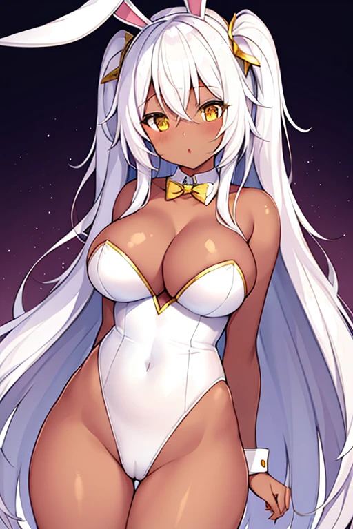 1girl, dark skin, dark-skinned female, bunny ears, rabbit ears, large breasts, white leotard, bunnysuit, leotard, white hair, long hair, golden trim, yellow eyes, gold trim, mature female, shy, timid, cleavage