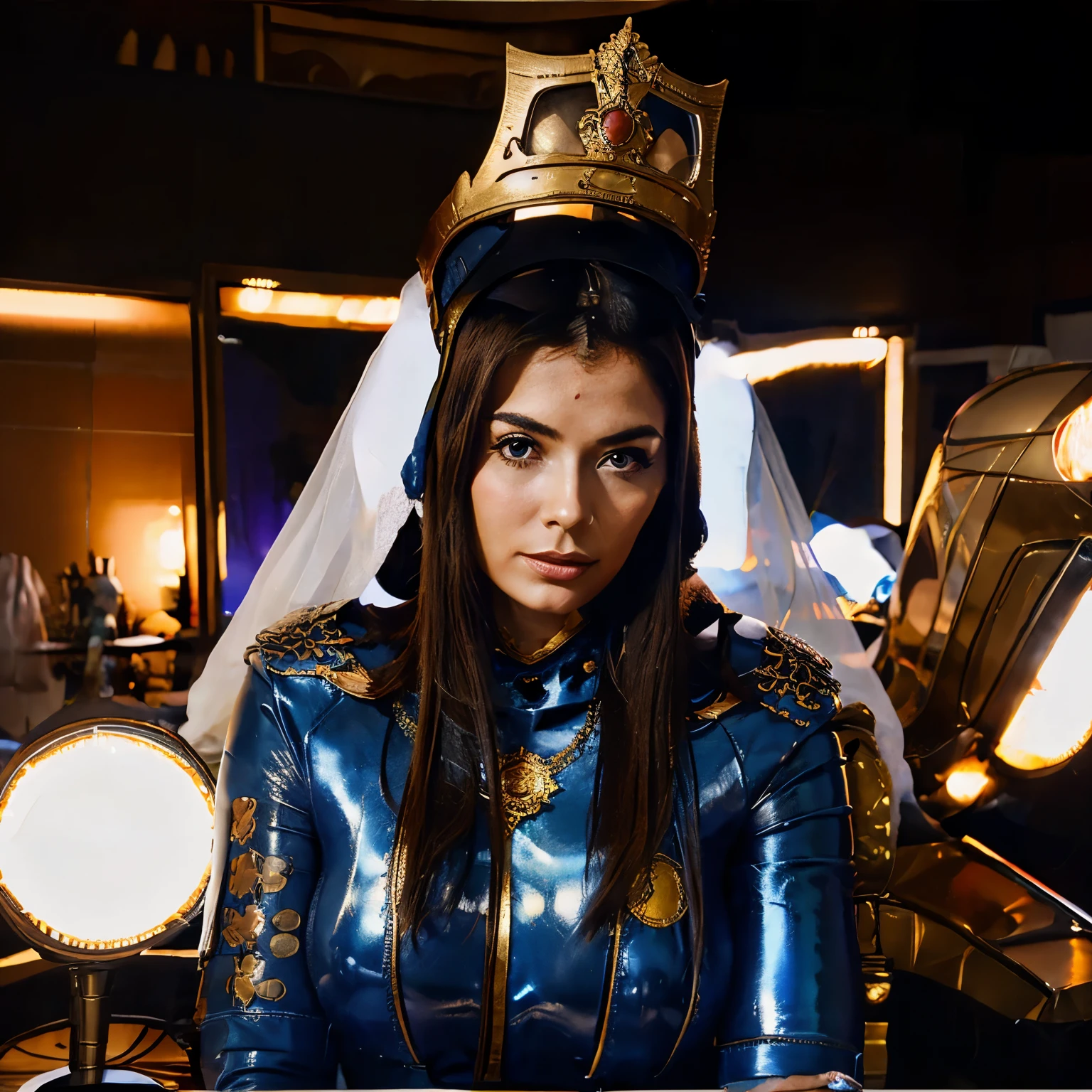 arafed image of a woman with a helmet on surrounded by other people, stephen hickman, beautiful retro art, mars attacks, gilded lotus princess, featured on cgsociety, cosmic apocalypse, persian queen, kirill leonov, by Jason A. Engle, barbarella