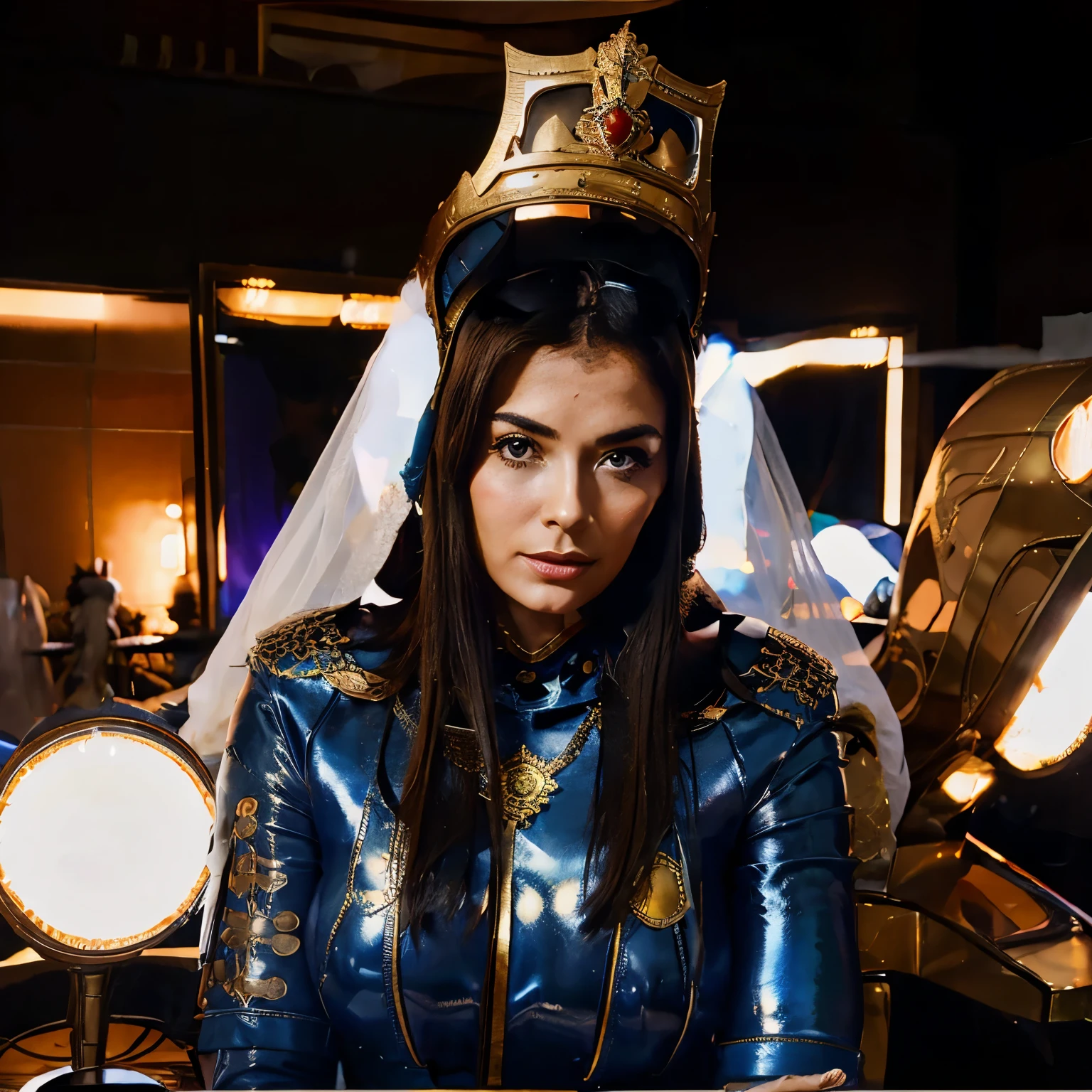 arafed image of a woman with a helmet on surrounded by other people, stephen hickman, beautiful retro art, mars attacks, gilded lotus princess, featured on cgsociety, cosmic apocalypse, persian queen, kirill leonov, by Jason A. Engle, barbarella  