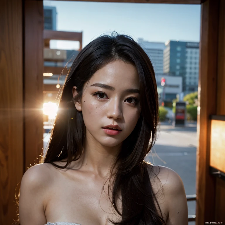 ((top quality, 8k, masterpiece: 1.3, raw photo)), Sharp Focus: 1.2, (SOLO), (1 aespa girl: 1.2), (Realistic, Photorealistic: 1.37), (face focus: 1.1), cute face, small breasts, flat chest, messy hair, (bandeau bra: 1.1), Beautiful Woman standing the city Under Lamp Light, cinematic lighting, thigh, chiffon panties,