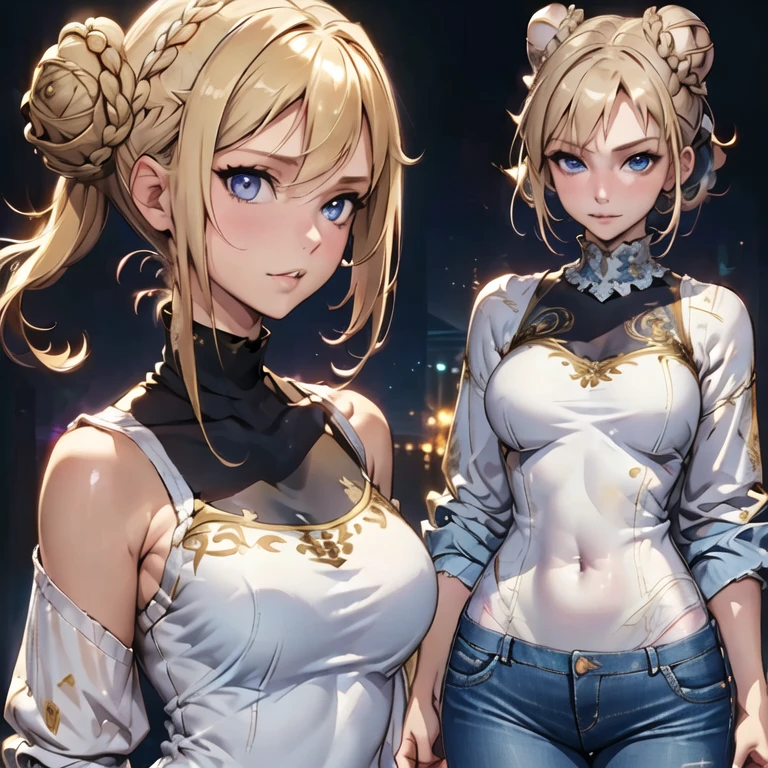 (masterpiece, best quality:1.2), 1girl, solo, ((Best Quality)), ((Masterpiece)), ((Realistic)) 19 year old, blonde girl, armpit lenght hair, relaxed happy face ((slender)) (busty), (((jeans and pullover))) (bun hairstyle:1.5), 6 and a half heads full body,, body shape,detailed eyes and face,long eyelashes,pale skin,(intricate-detail:1.2),(​masterpiece, :1.3) ,(top-quality:1.4), armpit lenght hair, relaxed happy face ((slender)) (busty), ((( White bodycon  Dress))), (intricate-detail:1.2),(​masterpiece, :1.3) ,(top-quality:1.4), (A high resolution:1.2), A high resolution, (A detailed eye), (detailed facial features), 8K resolution, (Lens Flare: 0.7), turned around, (8K, masterpiece, Highest Quality, Best Quality, Official art, Breathtaking beauty and aesthetics, A highly detailed, Jeans 
