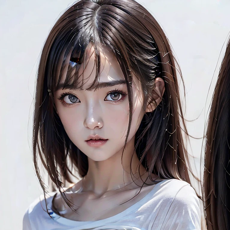 (masterpiece:1.2, top-quality), (realistic, photorealistic:1.4), (real lighting, natural lighting), depth of fields,1 girl, japanese, perfect&beautiful face,symmetrical face, shiny skin,asymmetrical bangs , long eye lasher, small breasts:1.1,Plump body, cute round face, beautiful make up, beautiful hair, beautiful detailed eyes, beautiful clavicle, beautiful body,(Beautiful legs),(Dark Eyes:1.1),((White simple background:1.5)),(黒髪:1.1),(黒い瞳1.1),(Tシャツ:1.6),(ジーンズ:1.3)、モデルメイク