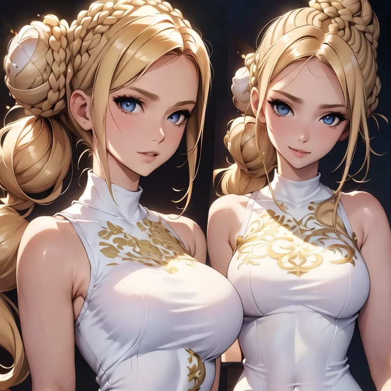 (Woman body set large breasts, ((Two girls look at each other with a gentle look)), Long white hair, ((plaid red skirt, tight wet orange shirt)) sparkly skin)
