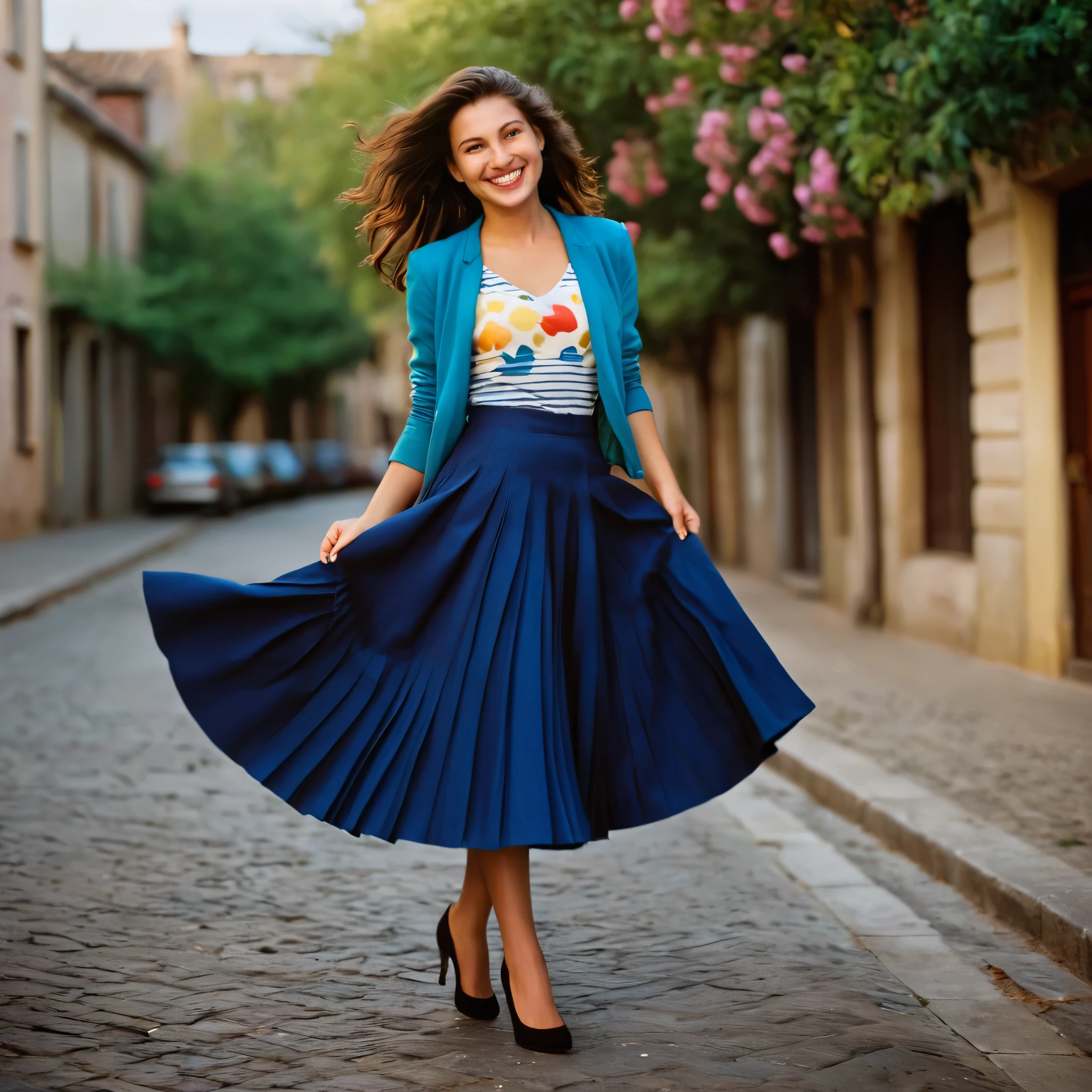 A smiling, authentic, (shy:1,3), kind, beautiful woman, is passionately in love with her skirt, loving while wind lifts her skirt, wearing short blazer and very, very detailed (long (fully pleated) full circle skirt) and (low heeled court shoes), very, very intricate hyper-detailed symmetric (attractive graceful young feminine face) with (sad, tired eyes and a loving smile), very voluptuous breasts, full of empathy and compassion and love, (pronounced (feminine) features), (highly detailed ultra accurate realistic) hands and fingers, (windy), epic composition, highly detailed attributes, (35mm f1.4 Kodak portra 400 photograph), extremely high quality RAW photograph, highly detailed atmosphere, cinematic shot, dynamic lighting, 75mm, Technicolor, Panavision, cinemascope, sharp focus, fine details, 8k, HDR, realism, realistic, key visual, film still, superb cinematic color grading, depth of field