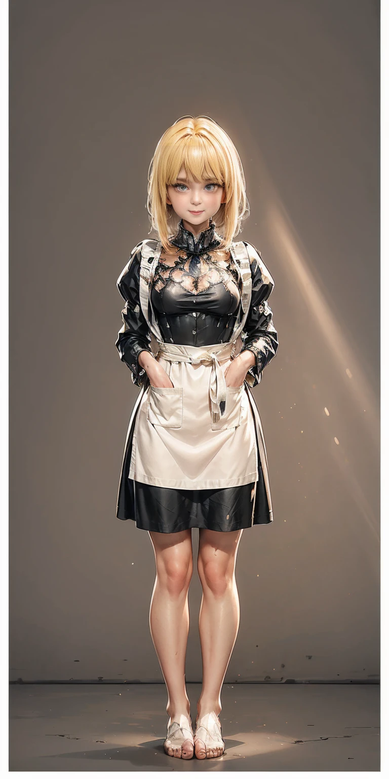 1sologirl cute, ((Short black hair girl and long blonde hair girl)), maid Victorian, maid apron, straight face, dazed, Body position: Standing, straight, symmetrical, barefoot, Lustful smile on face with red blush (Calca Bessarez - Overlord)