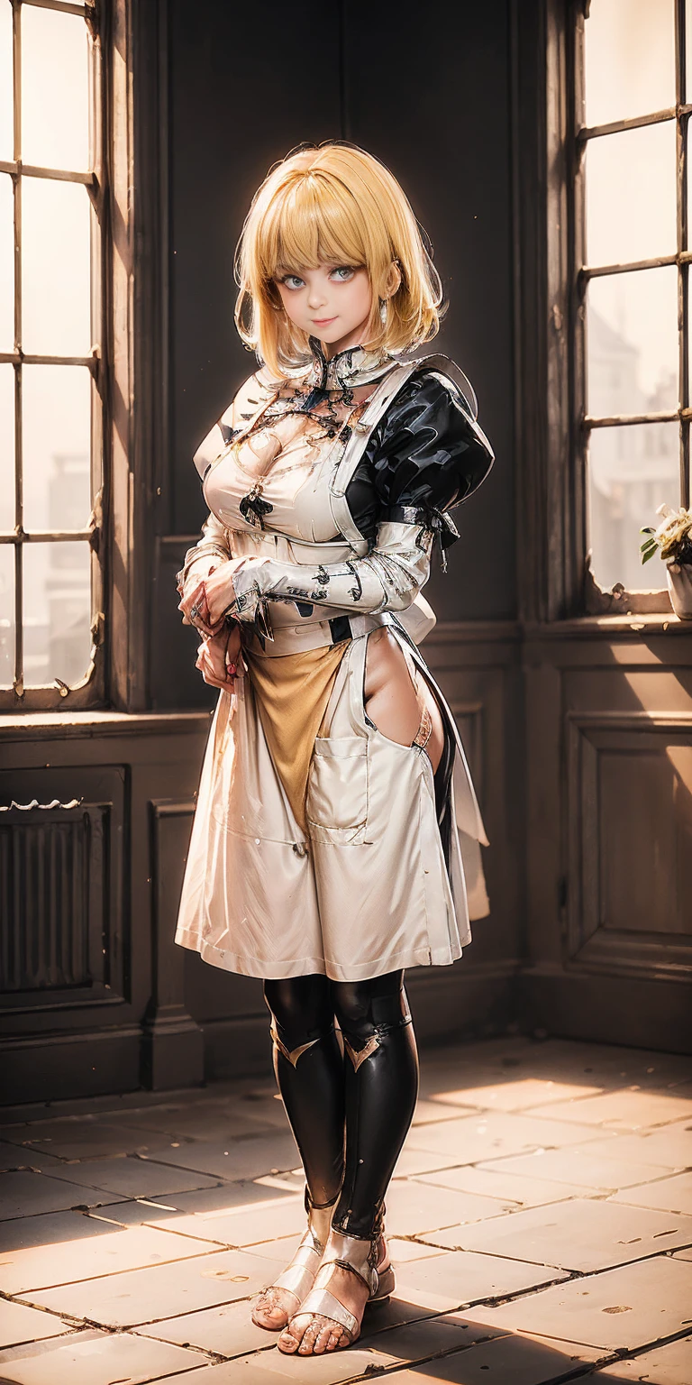 1sologirl cute, ((Short black hair girl and long blonde hair girl)), maid Victorian, maid apron, straight face, dazed, Body position: Standing, straight, symmetrical, barefoot, Lustful smile on face with red blush (Calca Bessarez - Overlord)