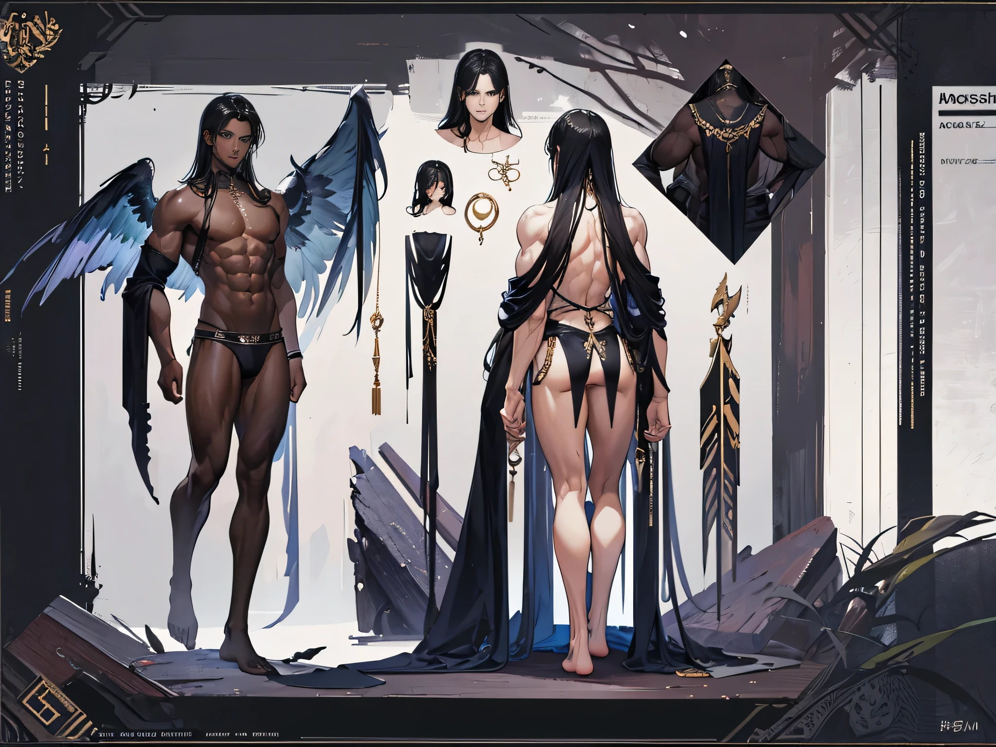 ((Masterpiece, Highest quality)), Male, boy, Detailed face, character design sheet， full bodyesbian, Full of details, frontal body view, back body view, Highly detailed, Depth, Many parts, dark skin, angel wings, black hair, angel outfit, Muscle boy with black long hair，handsome man, male angel , man tall, abs, pectoral muscle