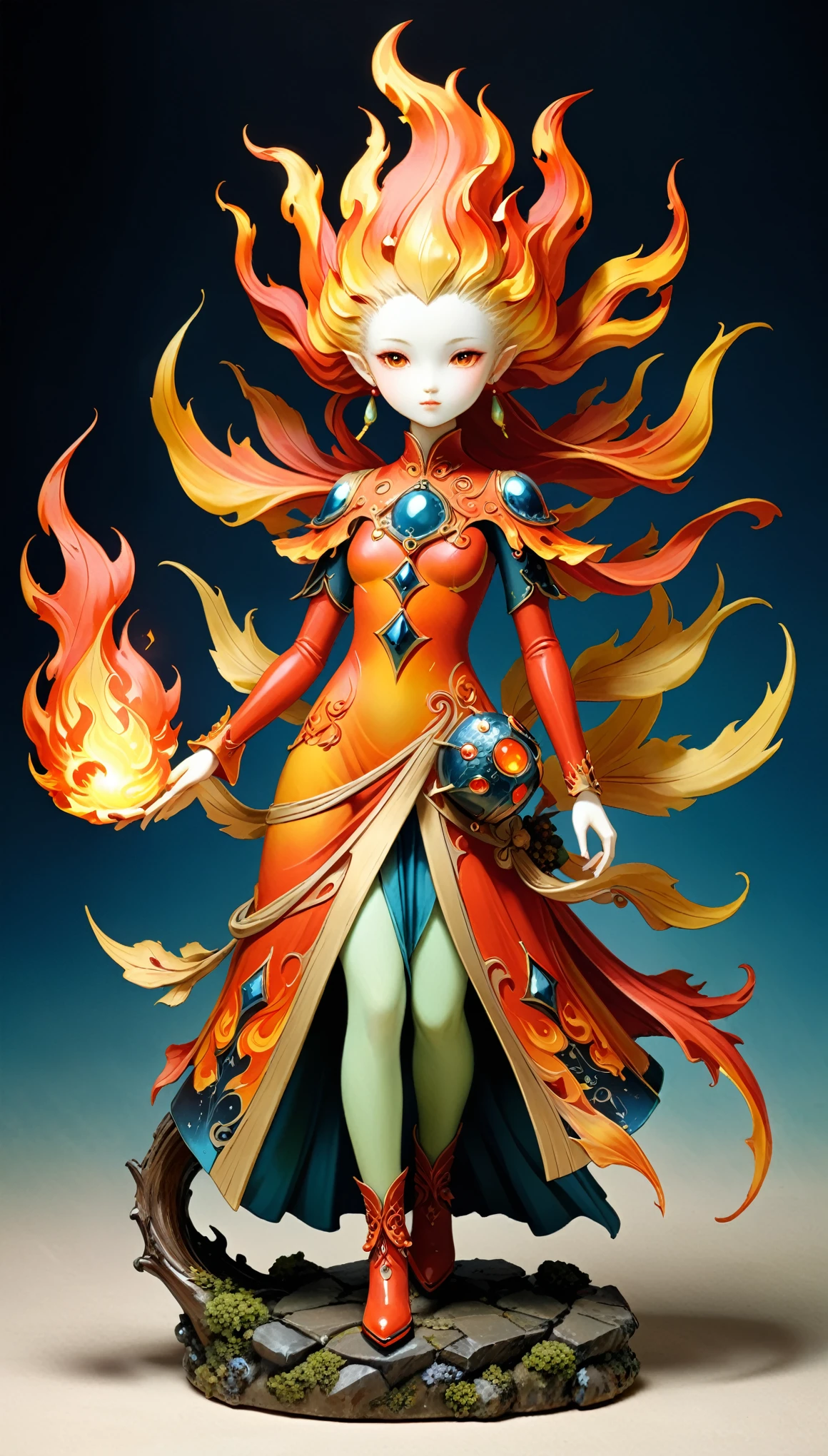 surrealist style,depicting Fire Elemental  figurine designed,character design by Liu Ye,in styel of Edwin Austin Abbey,