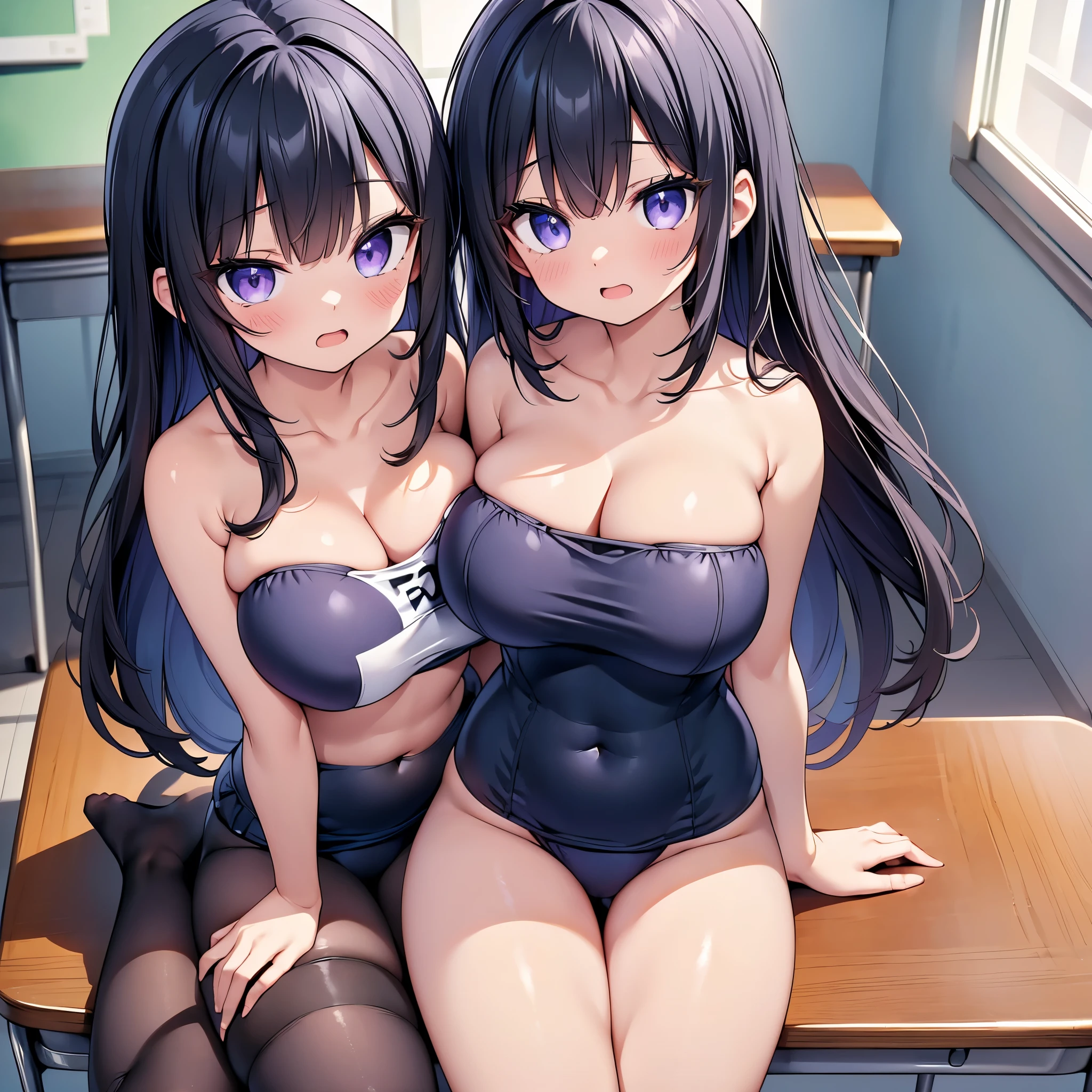 (cute eyes:1.2), (sparkling eyes:1.2), (8K、Best image quality、highest quality、masterpiece)、Detailed face、(2 girls)、Improve、(Black Hair, Purple Eyes, long hair)、(open mouth), (embarrassed), (skinny body:1.3),(huge breasts:1.2), (strapless, School Swimsuit:1.4), (cleavage), (crop top navel), Sit on a chair, Classroom Background, (black stockings:1.1), (Thighs:1.1), (Waistline:1.1),(close-up shot of bust), (from above:1.2)