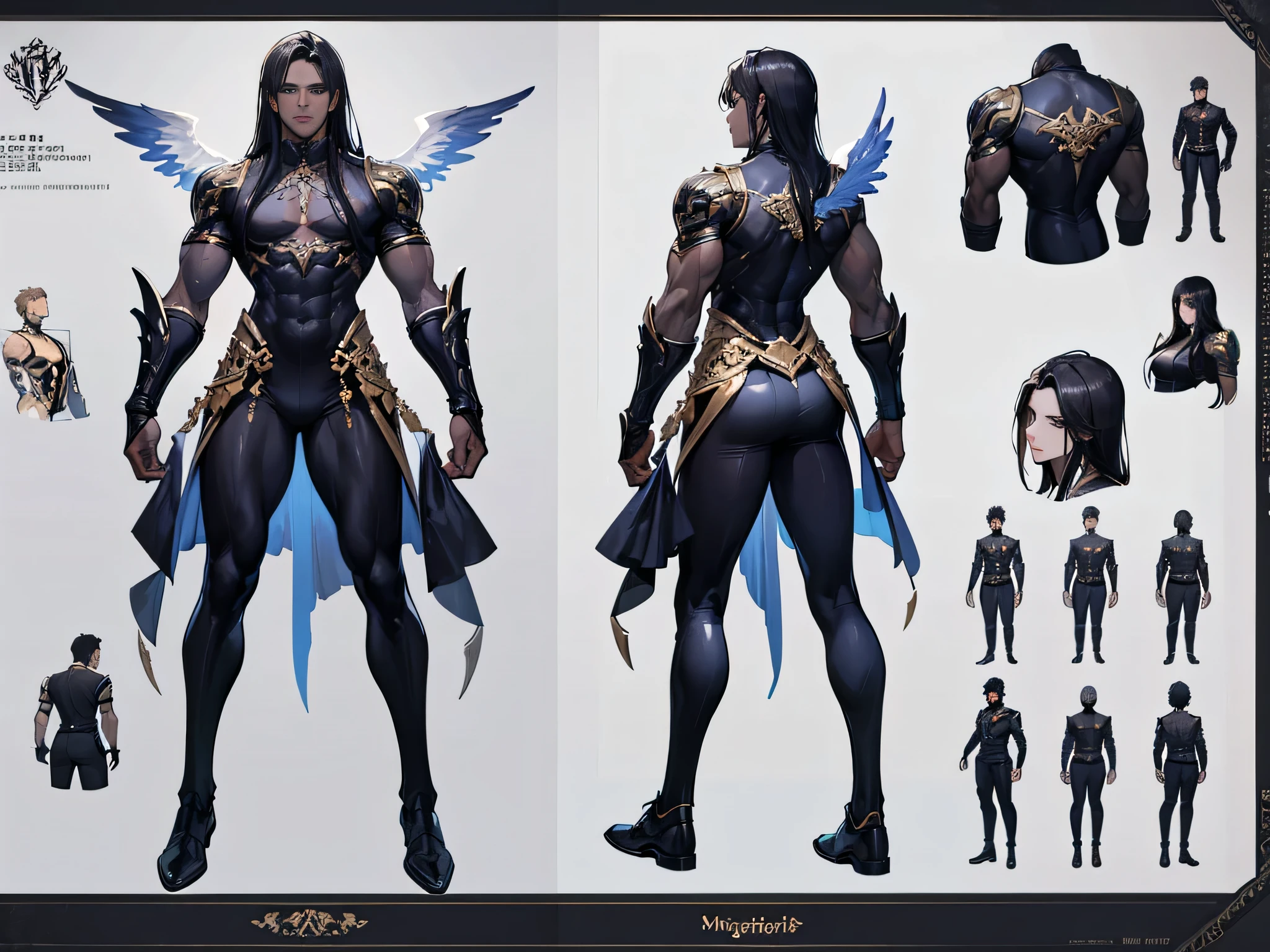 ((Masterpiece, Highest quality)), Male, boy, Detailed face, character design sheet, full bodyesbian, Full of details, frontal body view, back body view, Highly detailed, Depth, Many parts, dark skin, angel wings, black hair, angel outfit, Muscle boy with black long hair,handsome man, male angel , man tall