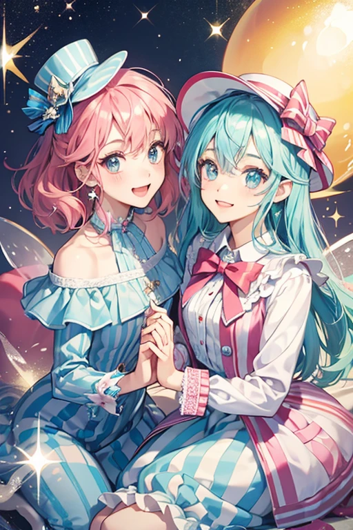 hey are cute fairies with striped clothes and matching pointy hats. SPARKLE; GLITTER