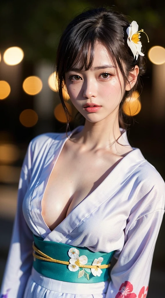 (masterpiece, highest quality:1.4), Beautiful Face, 8k, 85mm, Absurd, (Floral Yukata:1.4), Face close-up, violet, Gardenia, Delicate girl, alone, night, View your audience, Upper Body, Film Grain, chromatic aberration, Sharp focus, Face Light, Professional Lighting, Sophisticated, (smile:0.4), (Simple Background, Bokeh Background:1.2), detailed aspects,((Show one breast:1.67),((Very young, Very few, Very flat chest:1.5),(A very sad crying face)