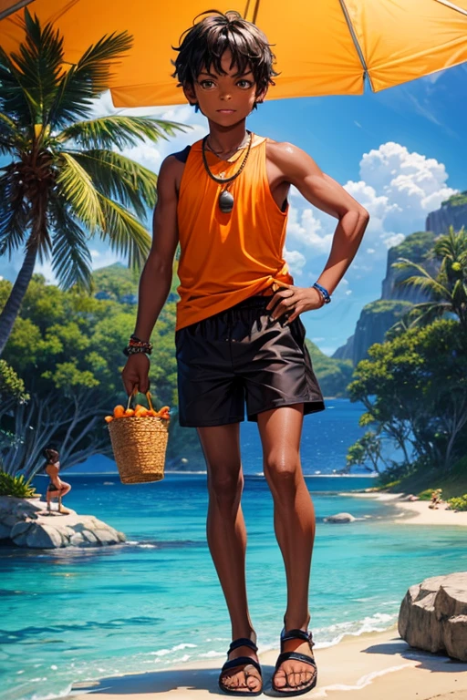 8  boy, dark skin with brown eyes and black hair, island clothing, orange tank top, worn black shorts, black sandals, Tikki necklace, background of an island