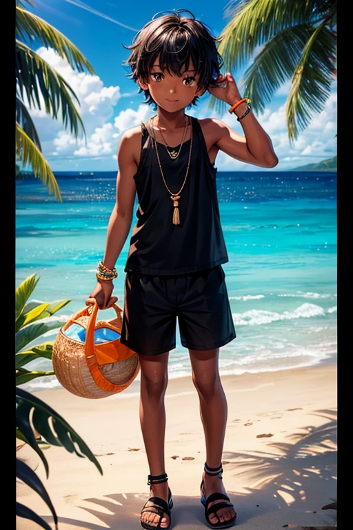 8 year old boy, dark skin with brown eyes and black hair, island clothing, orange tank top, worn black shorts, black sandals, Tikki necklace, background of an island