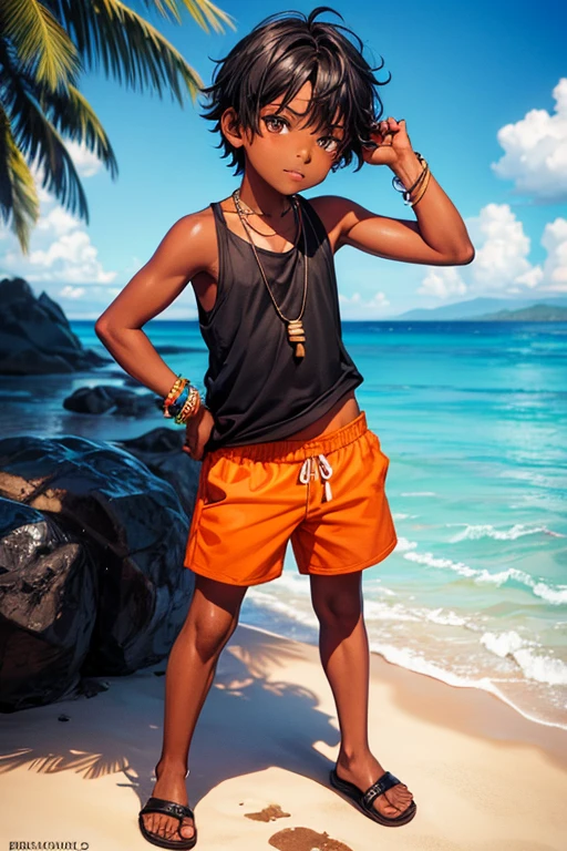 8 year old boy, dark skin with brown eyes and black hair, medieval island clothing, orange tank top, worn black shorts, black sandals, Tikki necklace, background of an island