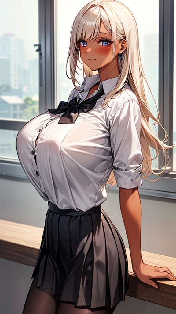 One Girl, High quality, Ultra detailed, best quality, insanely detailed, beautiful, masterpiece, cute, smile,((Short pleated skirt, White blouse, Schools in South Korea:1.2)), sexy, A girl showing off her attractive breasts, ((Platinum Blonde Hair, Long Hair)),Pink Orb, fine grain, Beautiful Eyes, Delicate eyes, ((Hourglass Shaped Body, sexy body)), Correct Anatomy, Correct limbs, ((Huge breasts:1.3)), Juicy lips, Pouting, [Detailed Background (Schools in South Korea, South Korea Colleges and Universities, Seoul, South Korea)]BREAK((Black pantyhose)),((Side Shot)),((View from between the legs)),((tan skin:1.6))