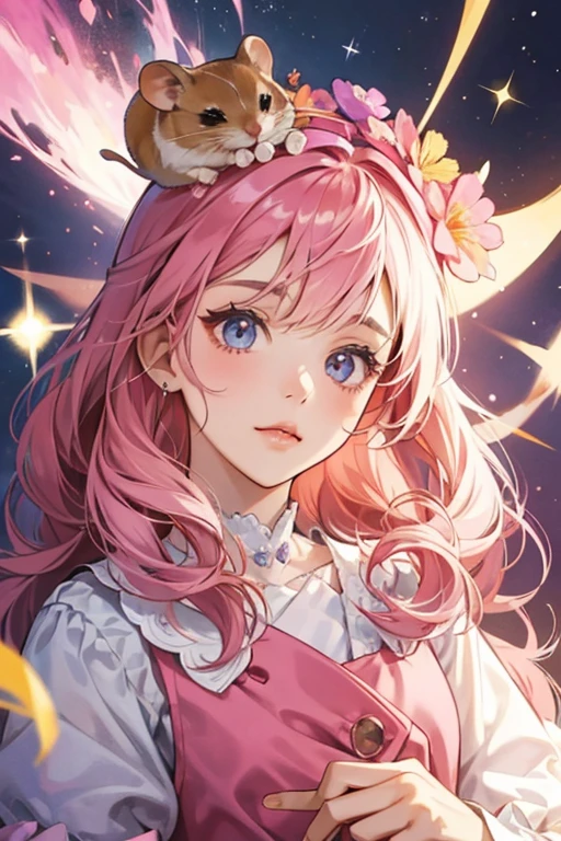 girl hamster. wears her favorite pink flower on her head. SPARKLE; GLITTER