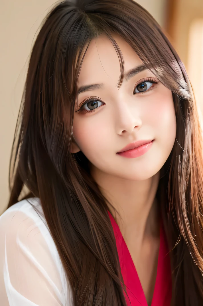 (((8k,Attention to detail,Attention to detail、highest quality,masterpiece,Attention to detail,alone))),RAW Photos & Realistic atmosphere,Beautiful dark eyes,Mouth Details,Glossy Lips,Thin eyebrows,beautiful Eyes、Soft white skin that shines in every detail、Her deep black eyes are very beautiful,Lip details、Very beautiful face,Very beautiful face、Lively Faces,beautiful, Glowing Lips,beautiful Eyebrows,Infinite Reality, Realistic Young Gravure Idol,Very cute woman , Young Gravure Idol, Young Gravure Idol, とても美しくてかわいいbeautiful 21 year old beauty,Incredibly beautiful and elegant,beautiful 21 year old beauty,Natural soft light,(Shiny Hair,,beautiful and kind eyes:1.5),A kind smile,Shapely breasts,Long Hair,beautiful posture,No makeup,Take a quick look at the camera,Red Shirt,
