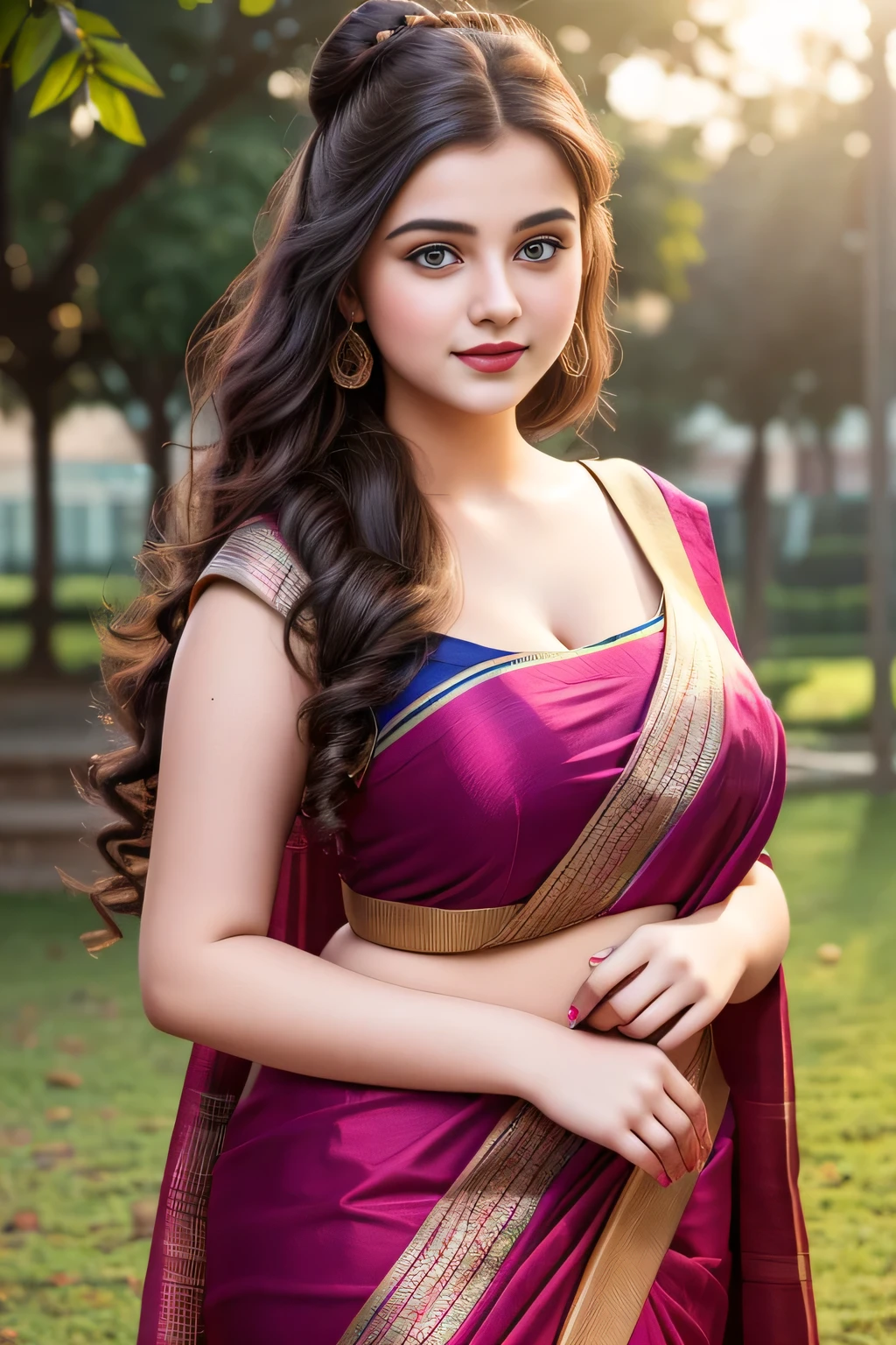 Outdoor image of 21yo in school school photo in school masterpiece, (photorealistic:1.7), best quality, beautiful lighting, Eleanor Ukraine girl dark lipstick 20yo Old Big Breasts Plus Size Model random colour beautiful eyes extremely high Bun long extreme curly hair Lifts wearing Indian saree.