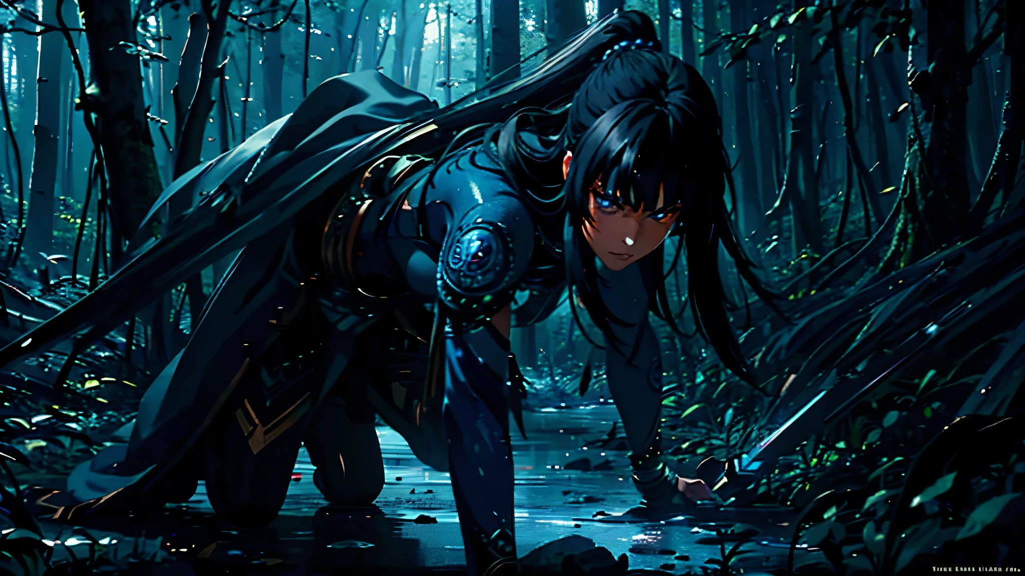 medium shot of a female warrior with fiery face, long dark hair, blue eyes, intense dark armour, wielding a spear, in a forest, moonshine, masterpiece, best quality, high quality, , photorealistic, extremely detailed, intricate, high detail.