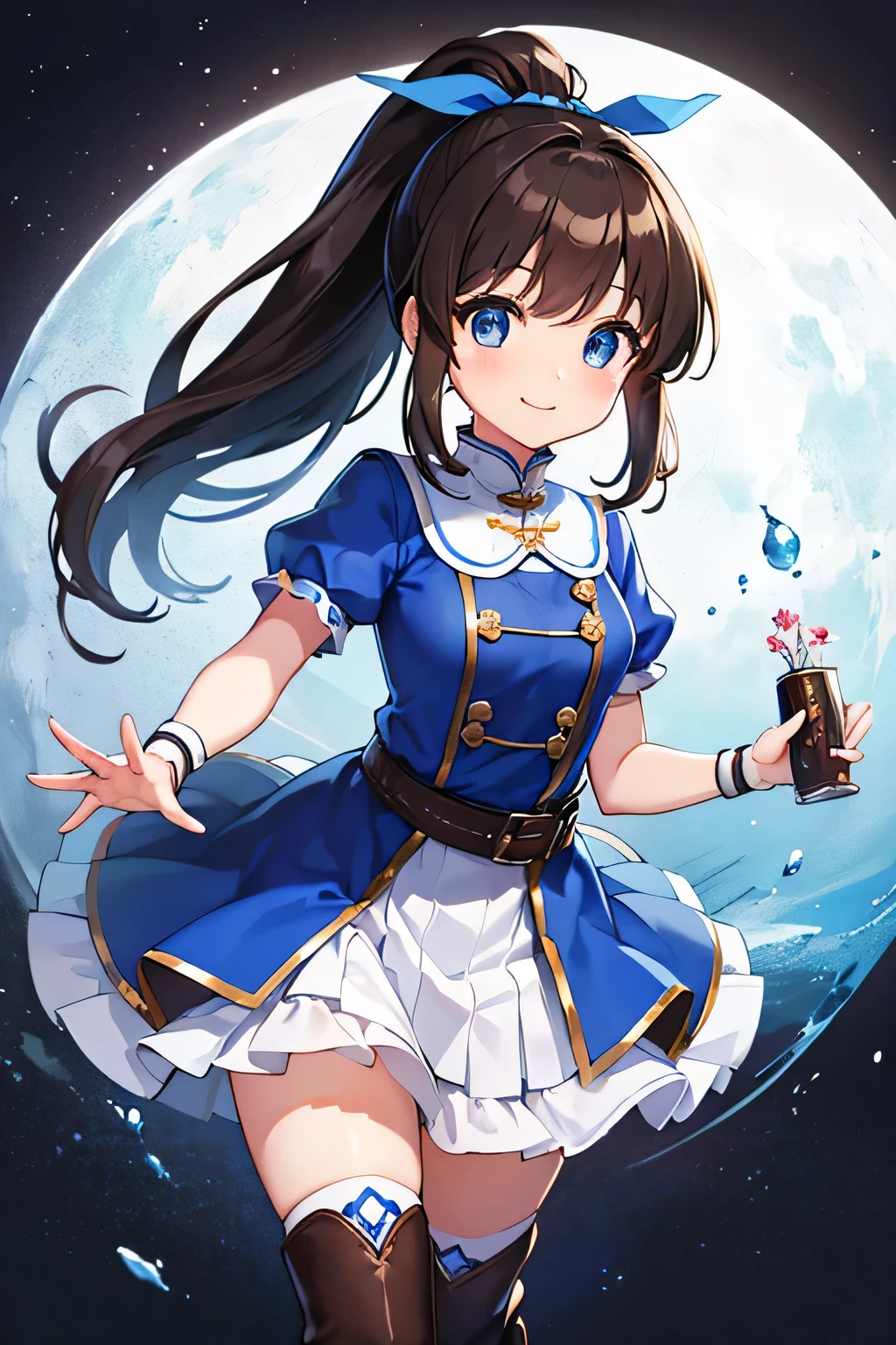 highest quality、Very delicate and beautiful、Girl、11 years old、(Dark brown hair)、Blue clothing with vertical buttons、Belt on waist、White Skirt、(ponytail))、(White hair band)、(Brown boots)、blue eyes、Are standing、smile、