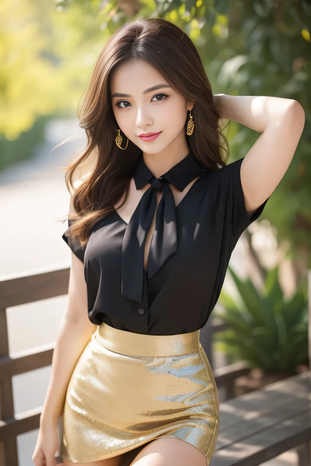 (highest quality,Very detailed,Photorealistic:1.37),Very beautiful eyes, Bright and vibrant colors,Studio Lighting, Playful expressions, Very fine grain, Stylish makeup,Beautiful fashion model posing, Ribbon Blouse Silk Shirt, loose long shirt, (mini black pencil skirt) (Skin Tight Skirt), Slim figure, Medium round chest, High Fashion, Brown hair fluttering in the wind,Captivating eyes,Glossy Lips,Sexy pose, Confident、Captivating smile, Posing for a professional photo shoot, Shallow depth of field, emphasize the subject, Soft natural light, Create a dreamy and magical atmosphere.