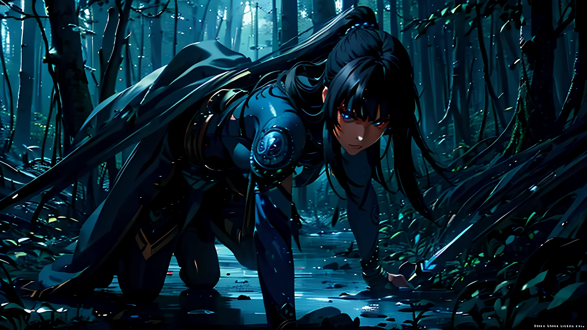 medium shot of a female warrior with fiery face, long dark hair, blue eyes, intense dark armour, wielding a spear, in a forest, moonshine, masterpiece, best quality, high quality, , photorealistic, extremely detailed, intricate, high detail.