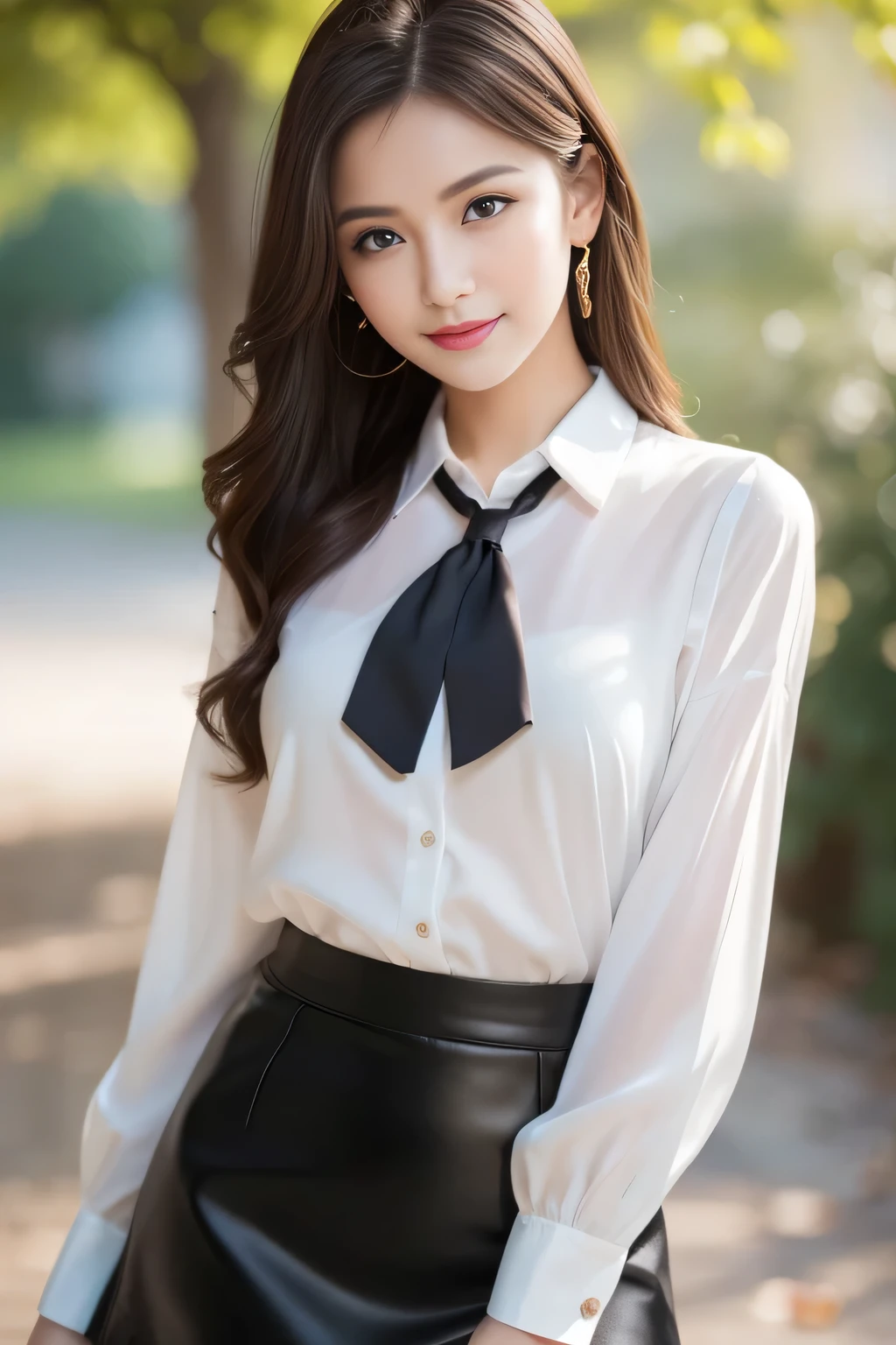 (highest quality,Very detailed,Photorealistic:1.37),Very beautiful eyes, Bright and vibrant colors,Studio Lighting, Playful expressions, Very fine grain, Stylish makeup,Beautiful fashion model posing, Ribbon Blouse Silk Shirt, loose long shirt, (mini black pencil skirt) (Skin Tight Skirt), Slim figure, Medium round chest, High Fashion, Brown hair fluttering in the wind,Captivating eyes,Glossy Lips,Sexy pose, Confident、Captivating smile, Posing for a professional photo shoot, Shallow depth of field, emphasize the subject, Soft natural light, Create a dreamy and magical atmosphere.