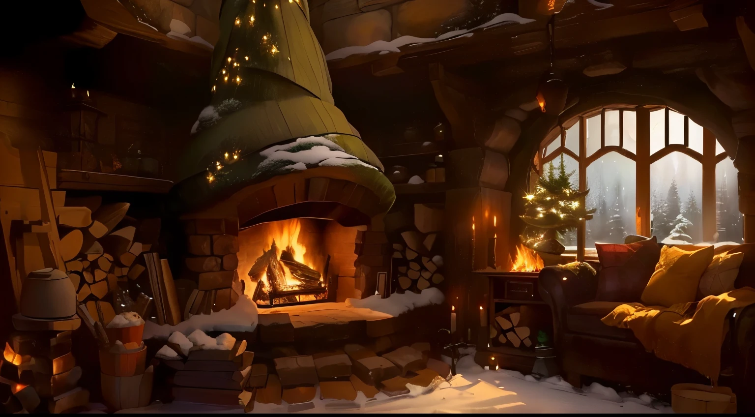 A cozy hobbit hat fireplace, winter ambient fill of objects, wood fire piles, a large window