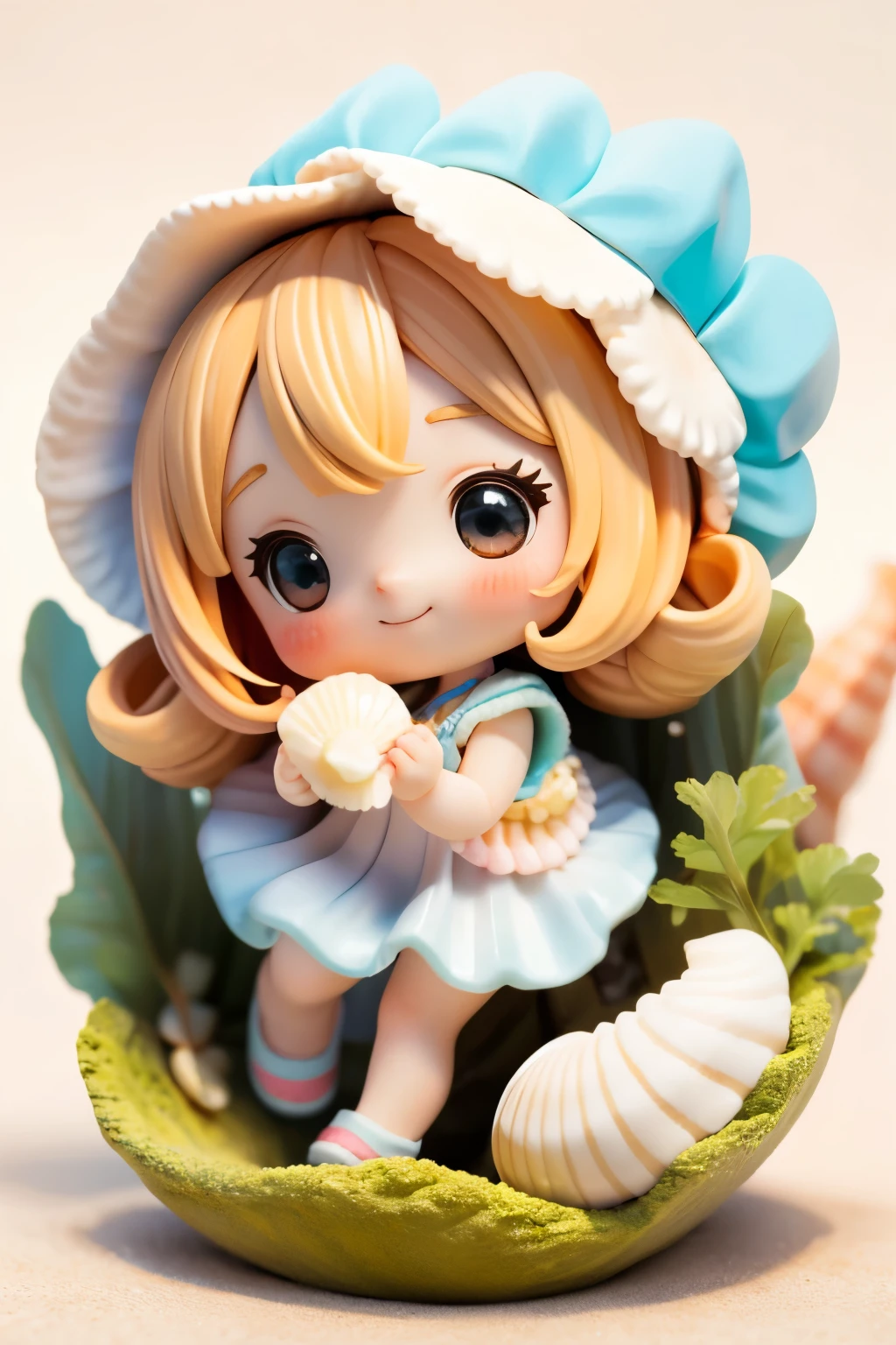 Photoreal、whole body、chibi girl、Seashell Accessories、smile、cute shoes、Picking up shells