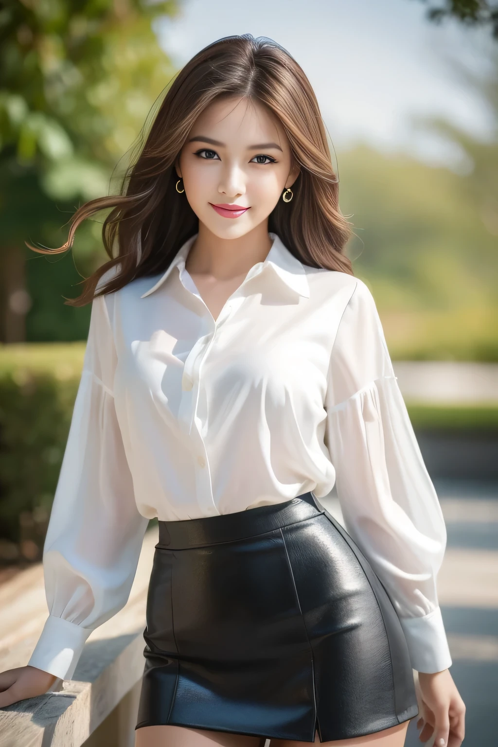(highest quality,Very detailed,Photorealistic:1.37),Very beautiful eyes, Bright and vibrant colors,Studio Lighting, Playful expressions, Very fine grain, Stylish makeup,Beautiful fashion model posing, Ribbon Blouse Silk Shirt, loose long shirt, (mini black pencil skirt) (Skin Tight Skirt), Slim figure, Medium round chest, High Fashion, Brown hair fluttering in the wind,Captivating eyes,Glossy Lips,Sexy pose, Confident、Captivating smile, Posing for a professional photo shoot, Shallow depth of field, emphasize the subject, Soft natural light, Create a dreamy and magical atmosphere.